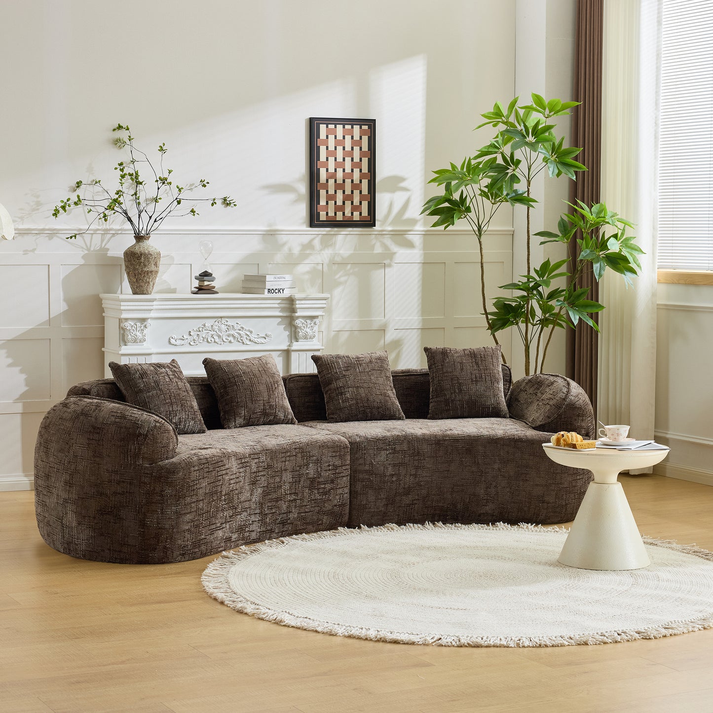 Chenille Spring-Core Compression Sofa — 4-Seat, 109"W — Brown