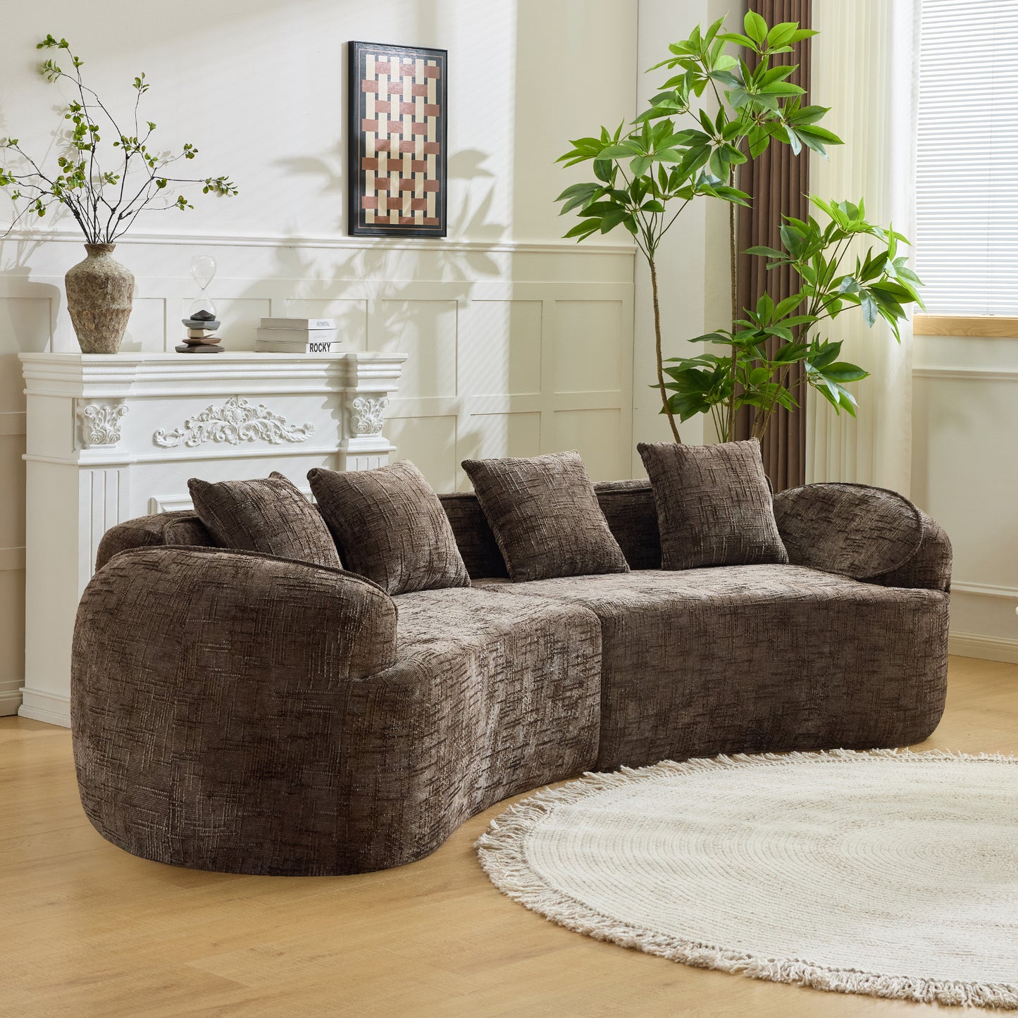 Chenille Spring-Core Compression Sofa — 4-Seat, 109"W — Brown