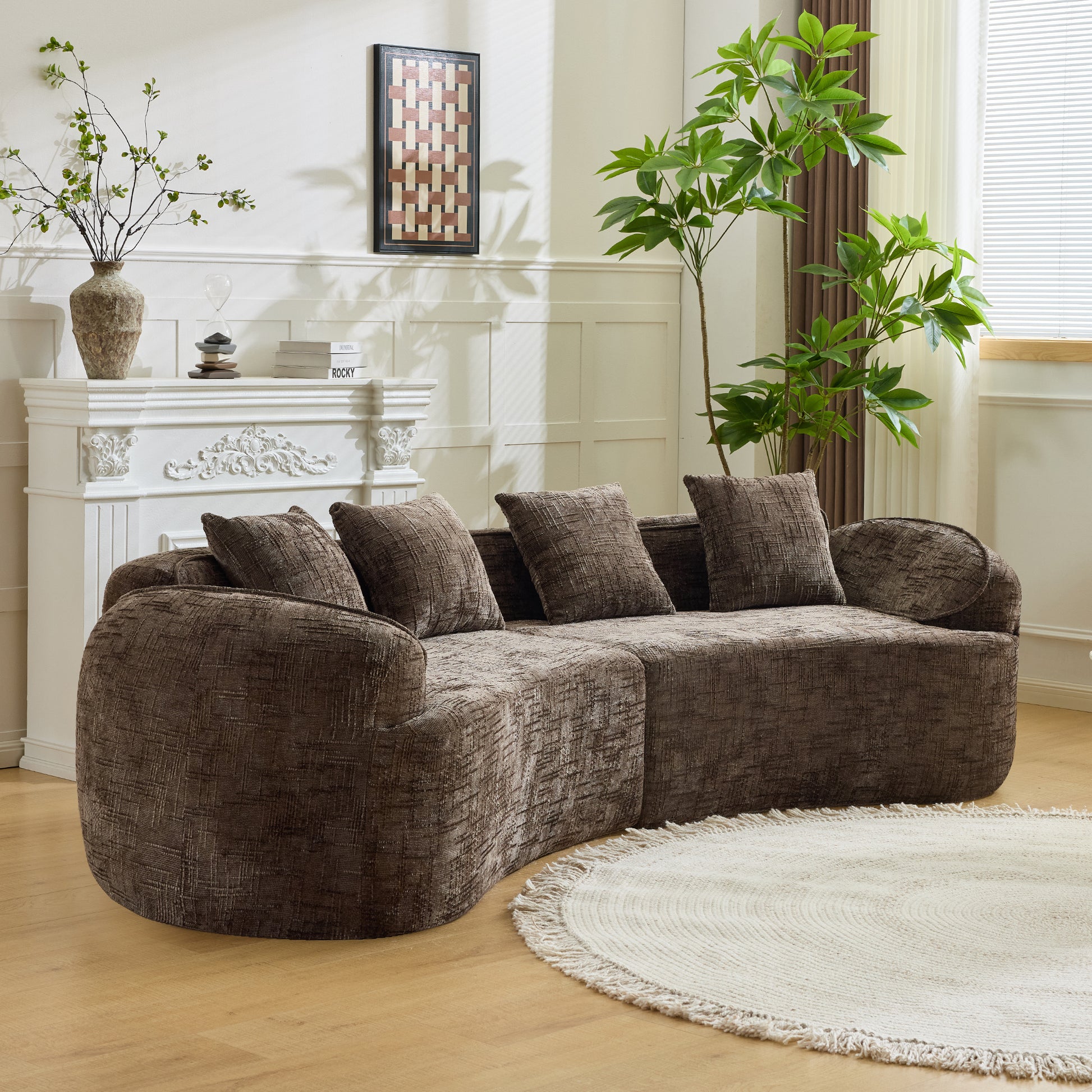 Chenille Spring-Core Compression Sofa — 4-Seat, 109"W — Brown