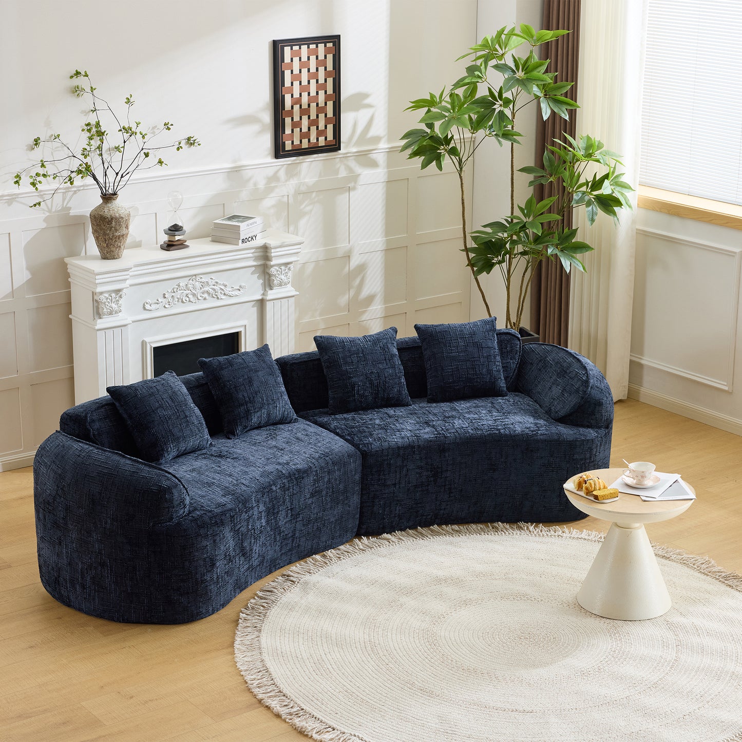 Chenille Spring-Core Compression Sofa — 4-Seat, 109"W — Dark Blue