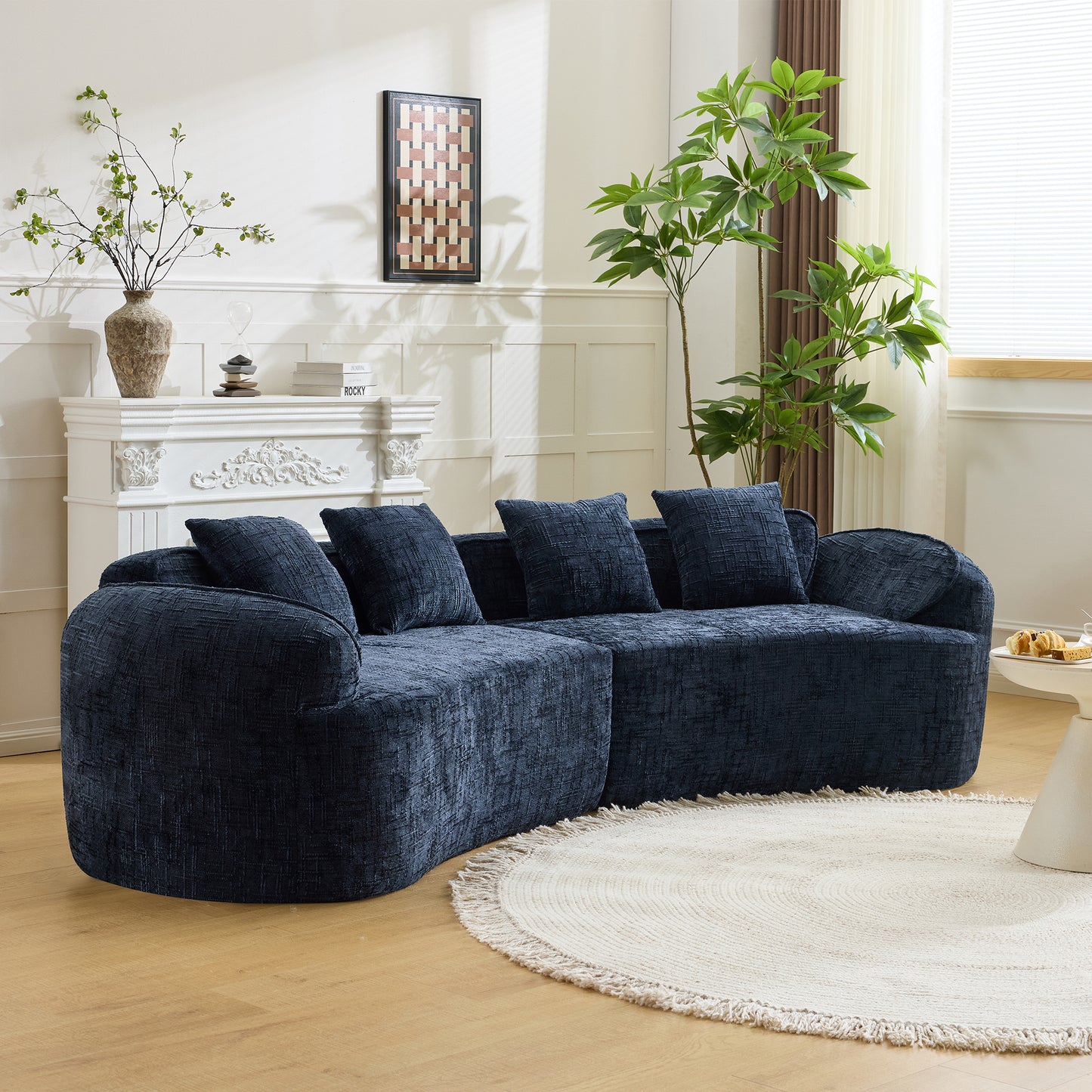 Chenille Spring-Core Compression Sofa — 4-Seat, 109"W — Dark Blue