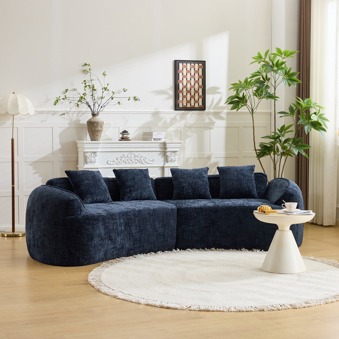Chenille Spring-Core Compression Sofa — 4-Seat, 109"W — Dark Blue
