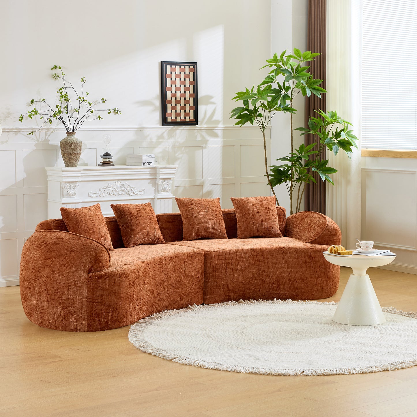 Chenille Spring-Core Compression Sofa — 4-Seat, 109"W — Orange