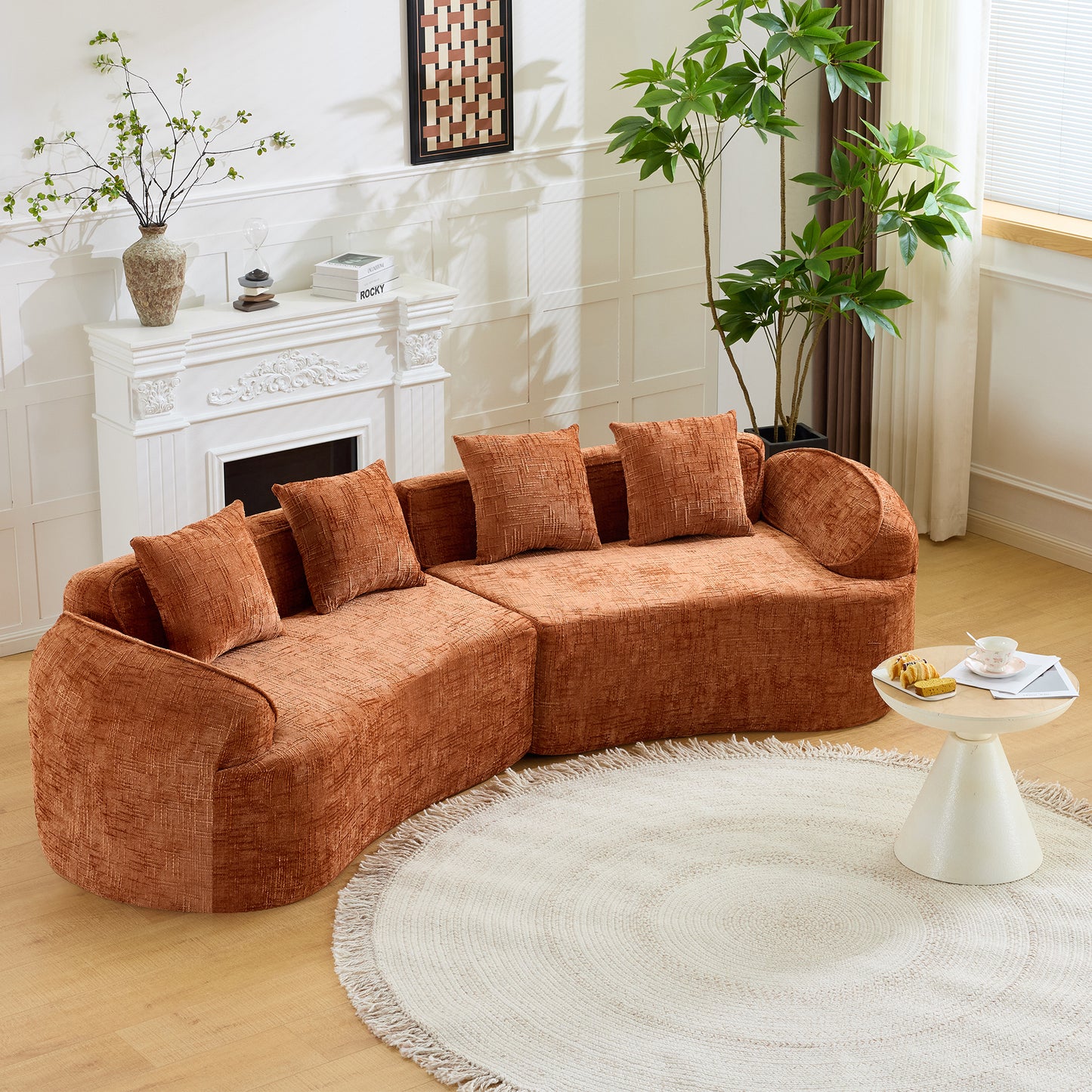 Chenille Spring-Core Compression Sofa — 4-Seat, 109"W — Orange