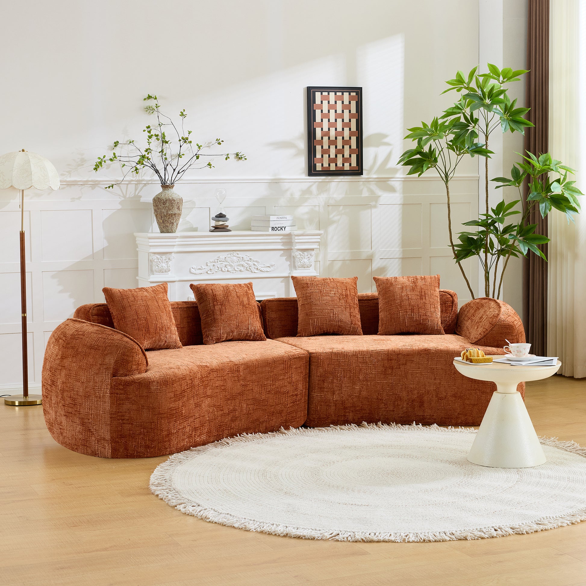 Chenille Spring-Core Compression Sofa — 4-Seat, 109"W — Orange