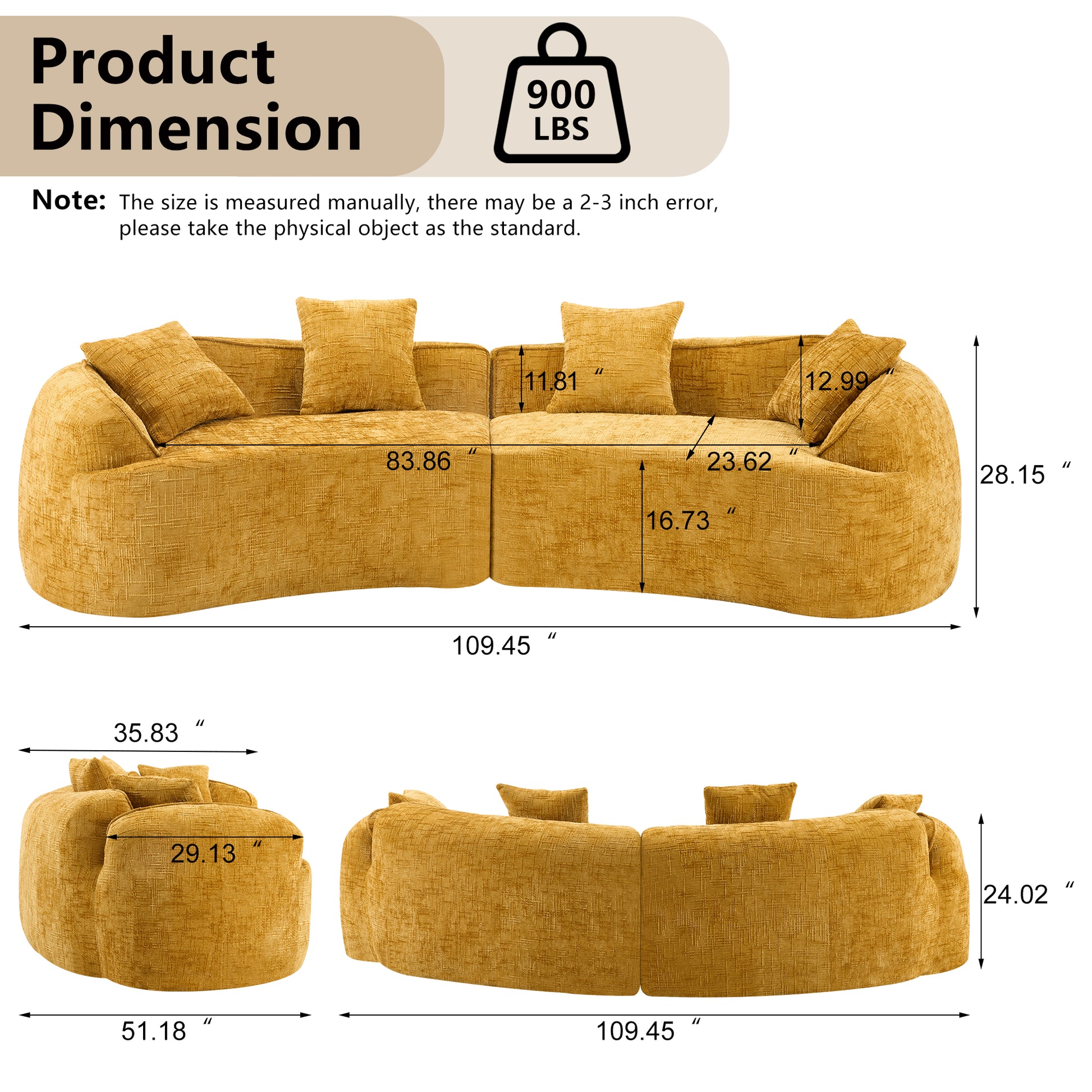 Chenille Spring-Core Compression Sofa — 4-Seat, 109"W — Yellow