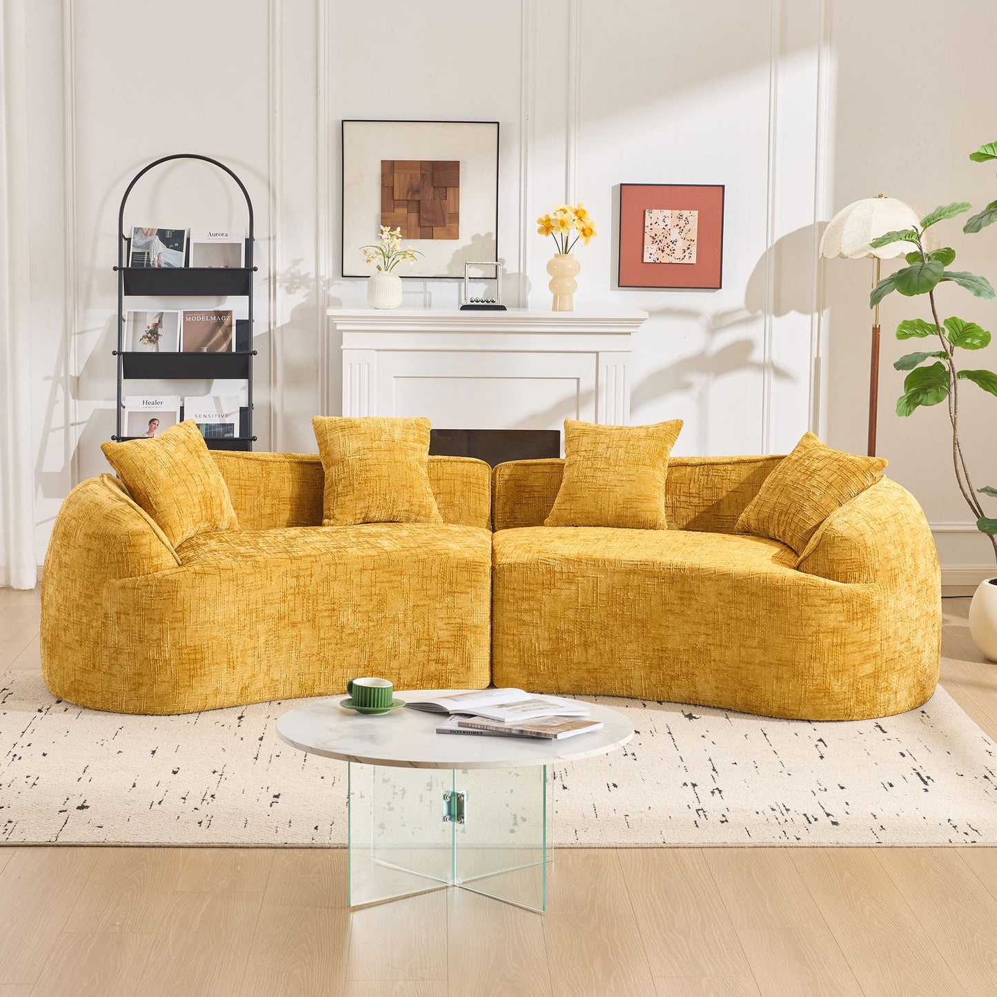 Chenille Spring-Core Compression Sofa — 4-Seat, 109"W — Yellow