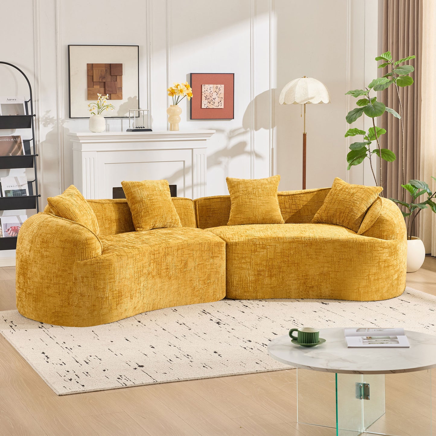 Chenille Spring-Core Compression Sofa — 4-Seat, 109"W — Yellow