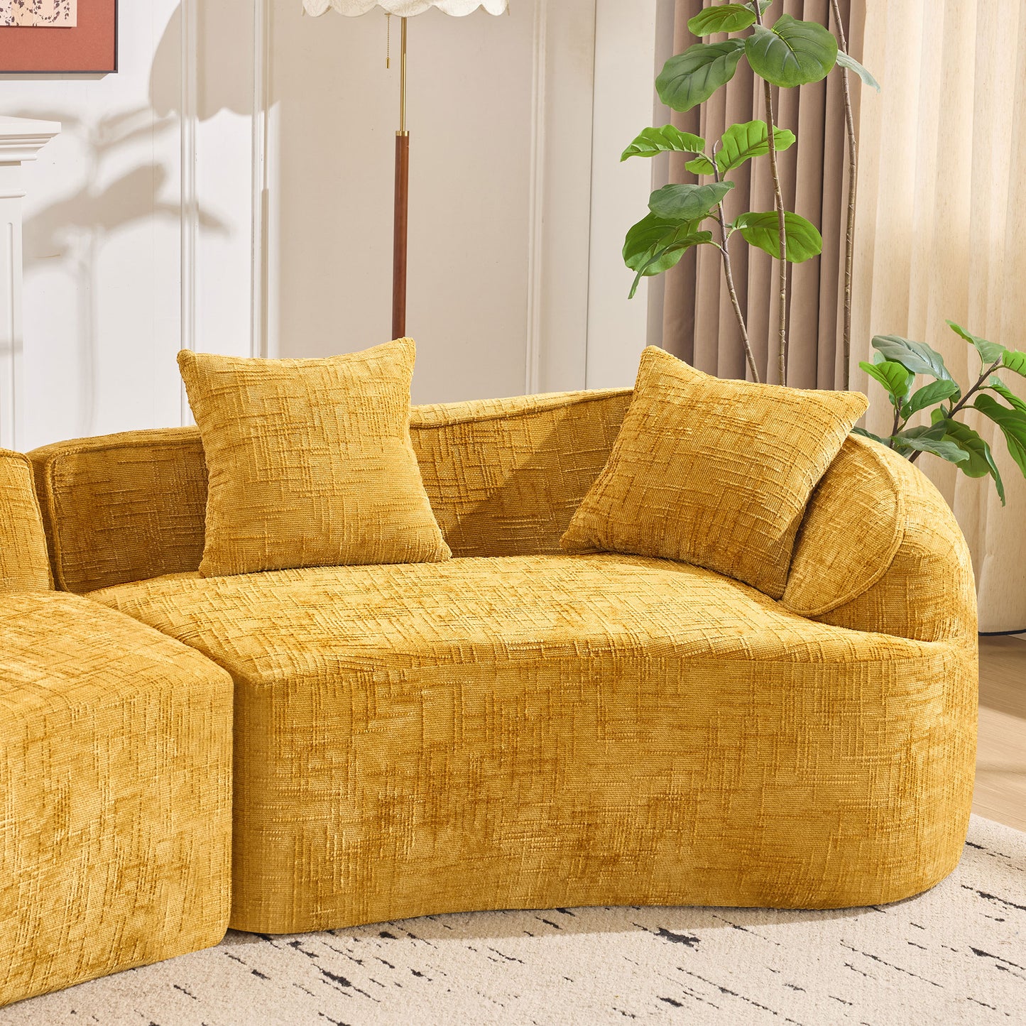 Chenille Spring-Core Compression Sofa — 4-Seat, 109"W — Yellow