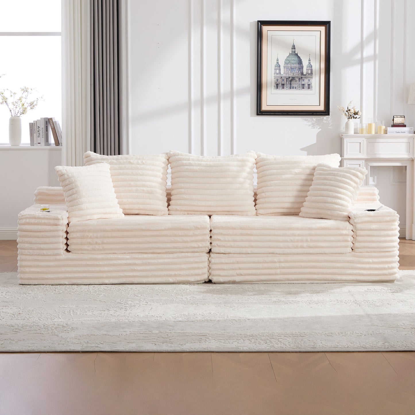 Corduroy Compression Sofa — 4-Seat, 107"W — Beige