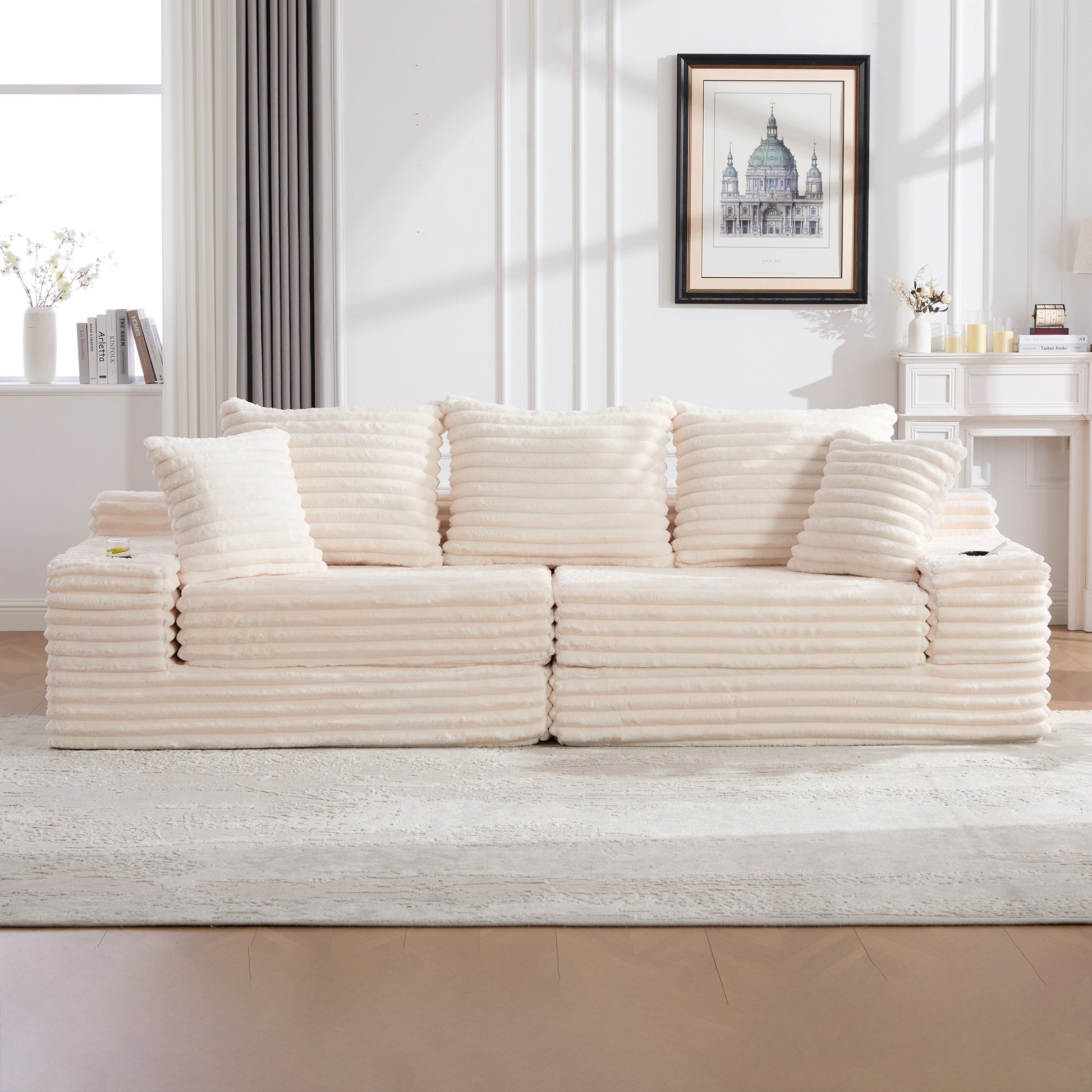 Corduroy Compression Sofa — 4-Seat, 107"W — Beige