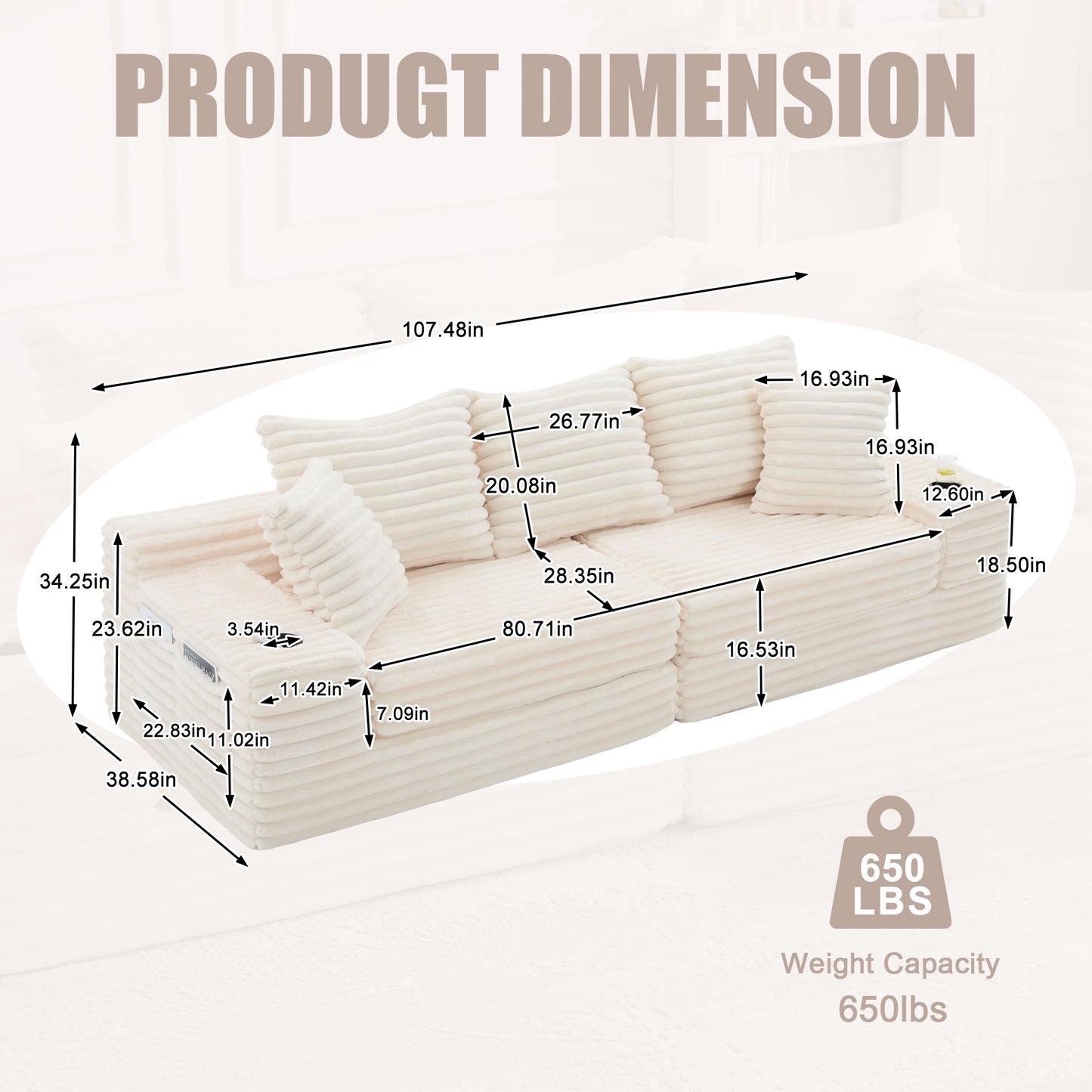 Corduroy Compression Sofa — 4-Seat, 107"W — Beige
