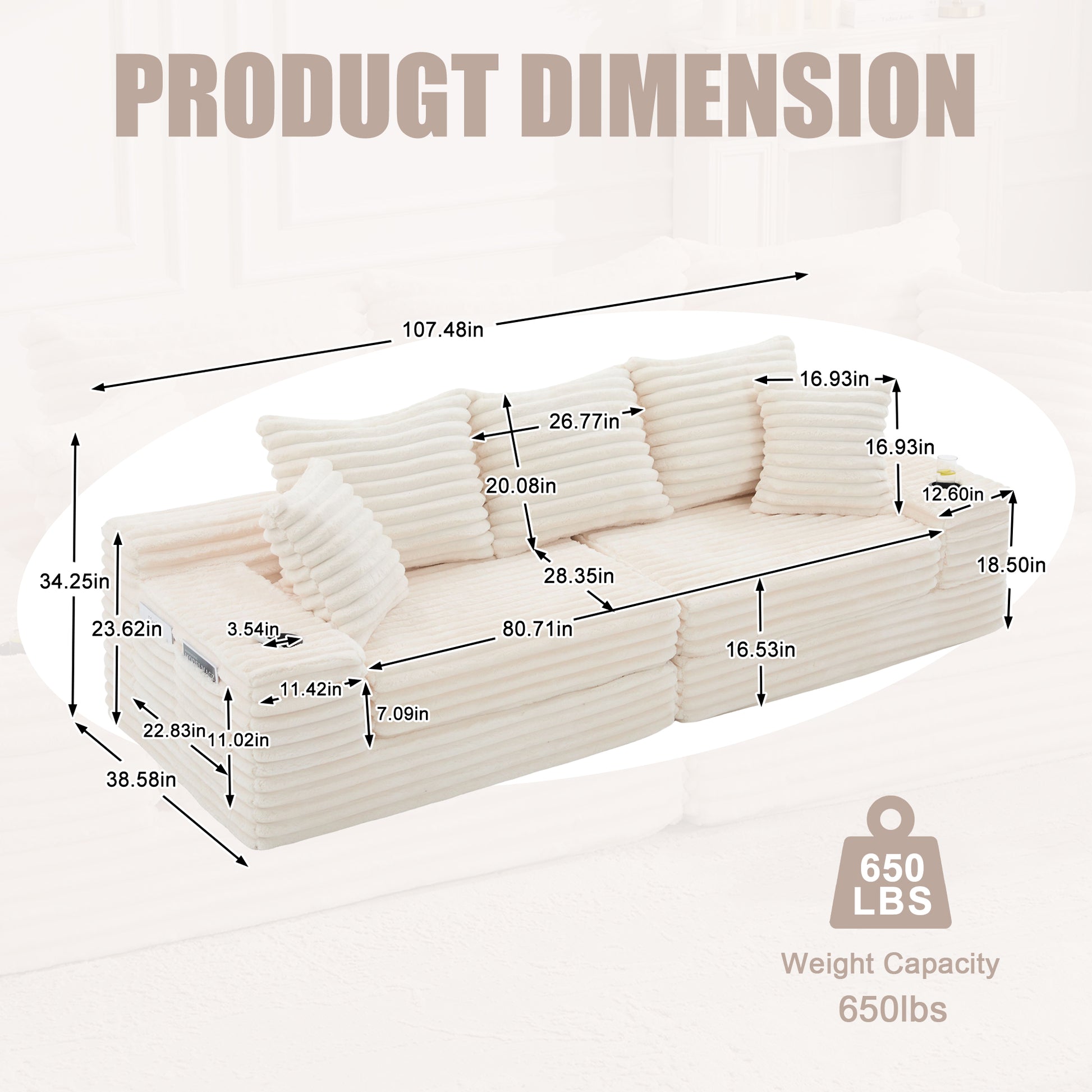 Corduroy Compression Sofa — 4-Seat, 107"W — Beige
