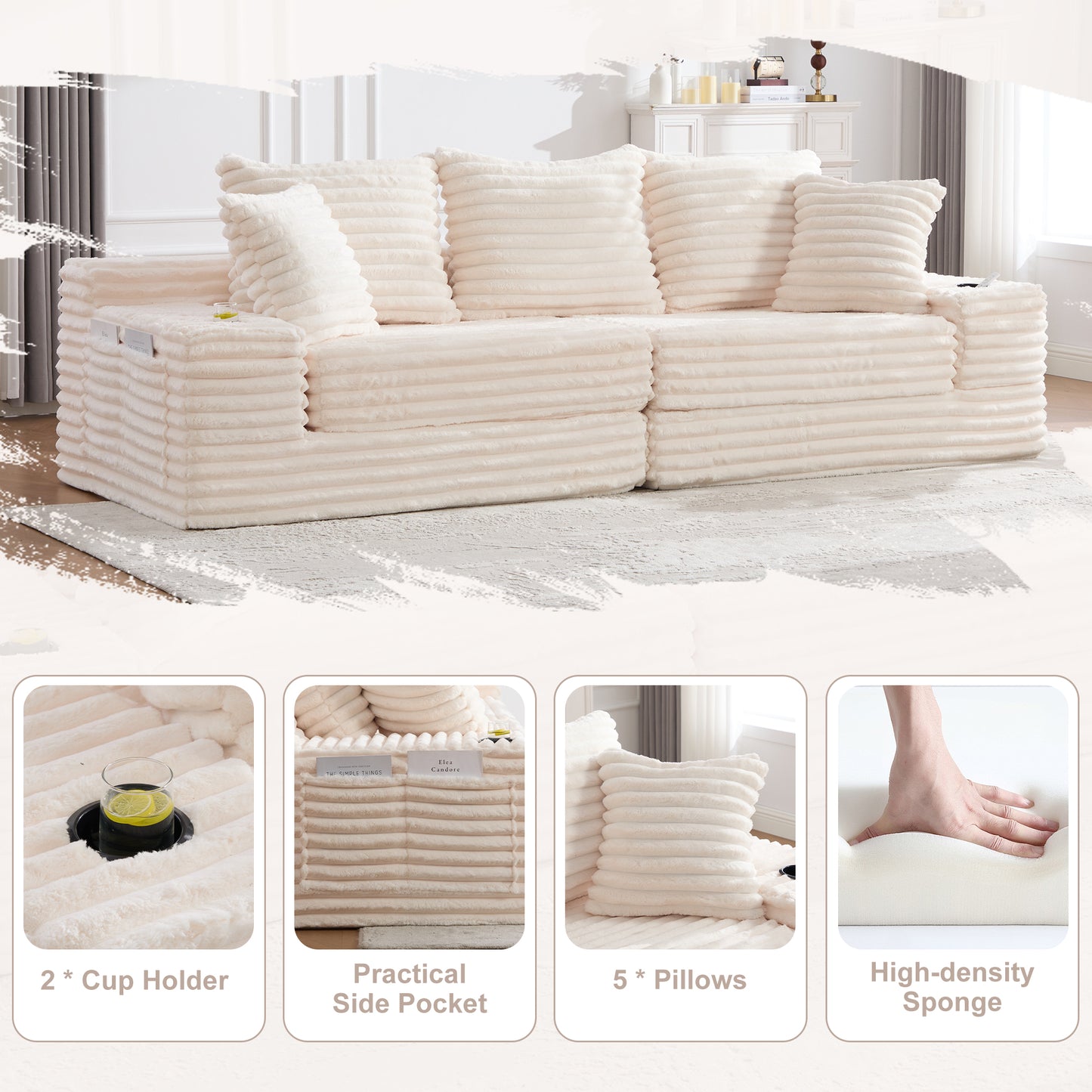 Corduroy Compression Sofa — 4-Seat, 107"W — Beige