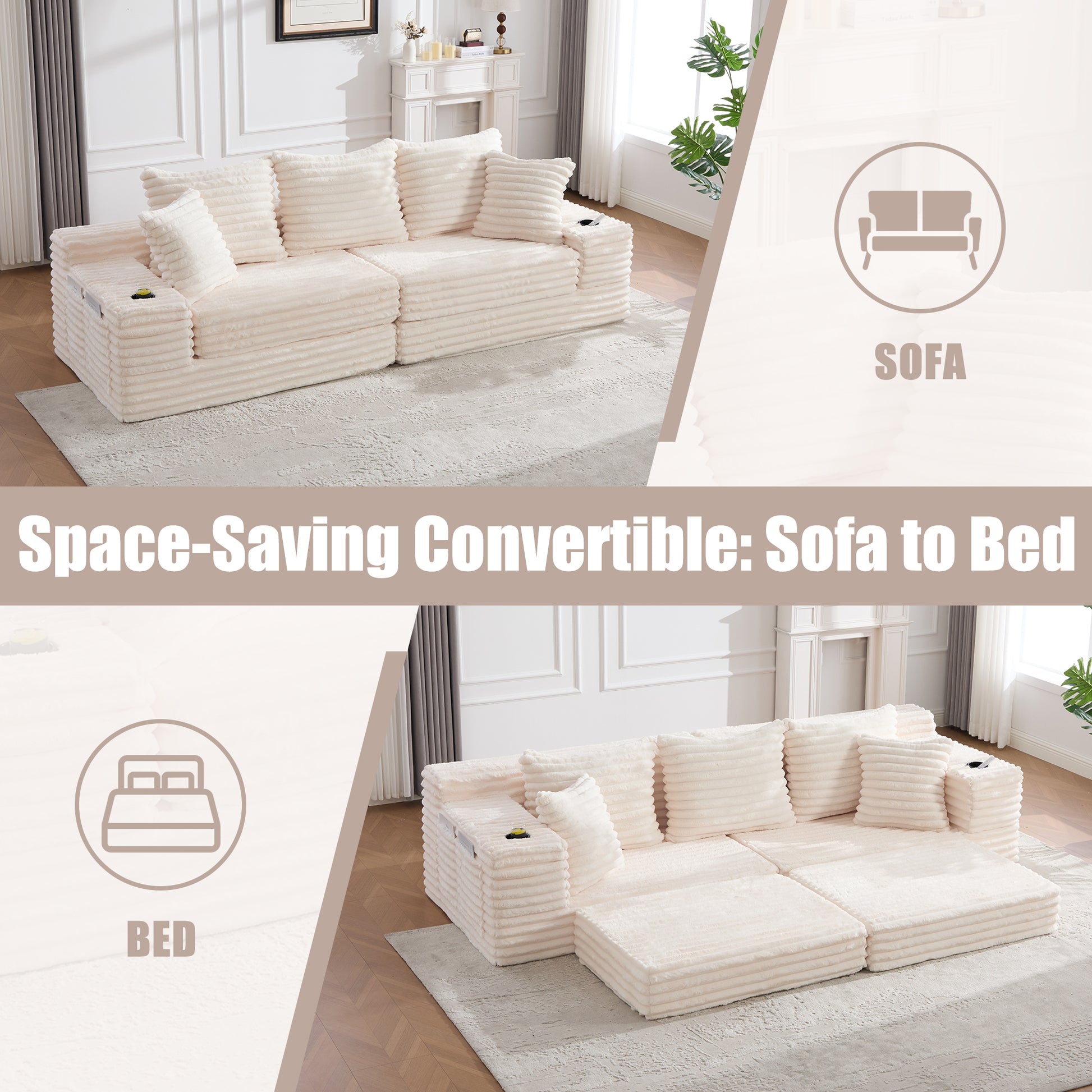 Corduroy Compression Sofa — 4-Seat, 107"W — Beige