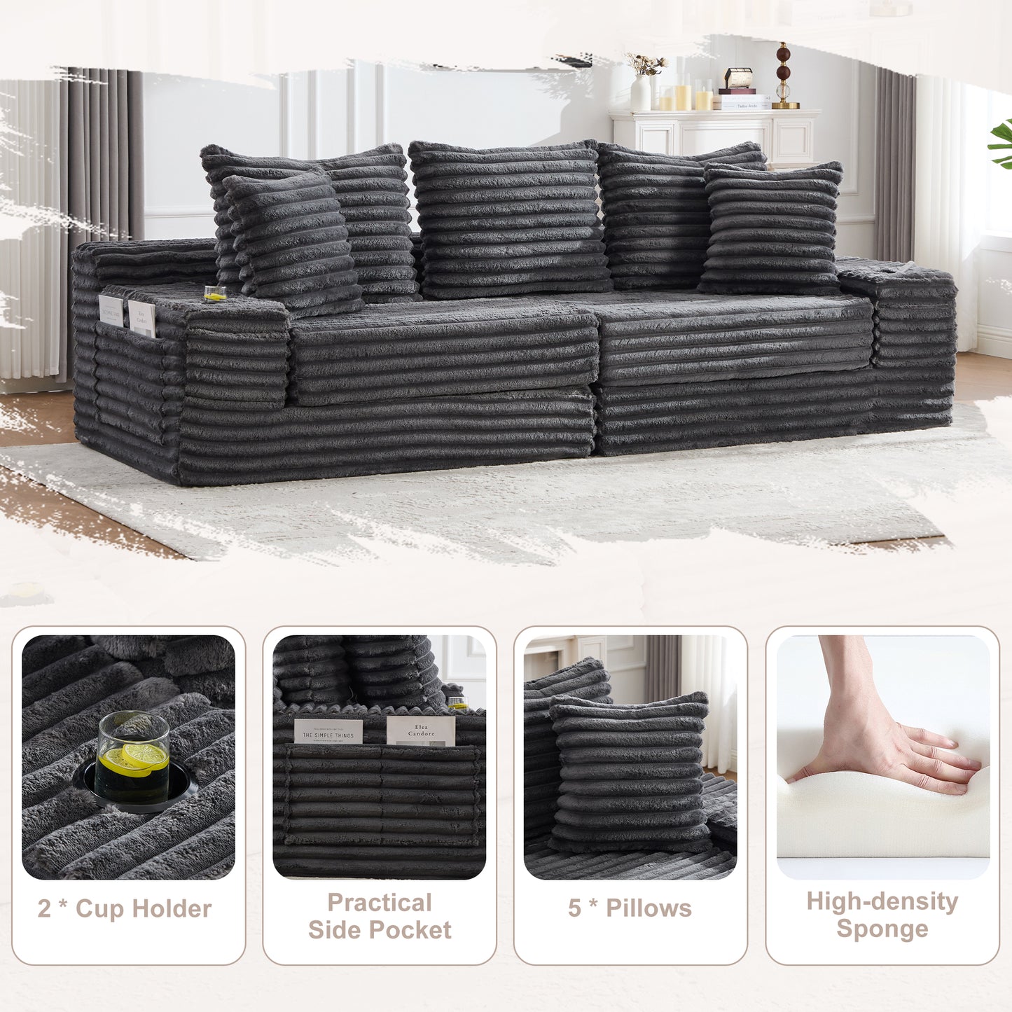 Corduroy Compression Sofa — 4-Seat, 107"W — Dark Gray