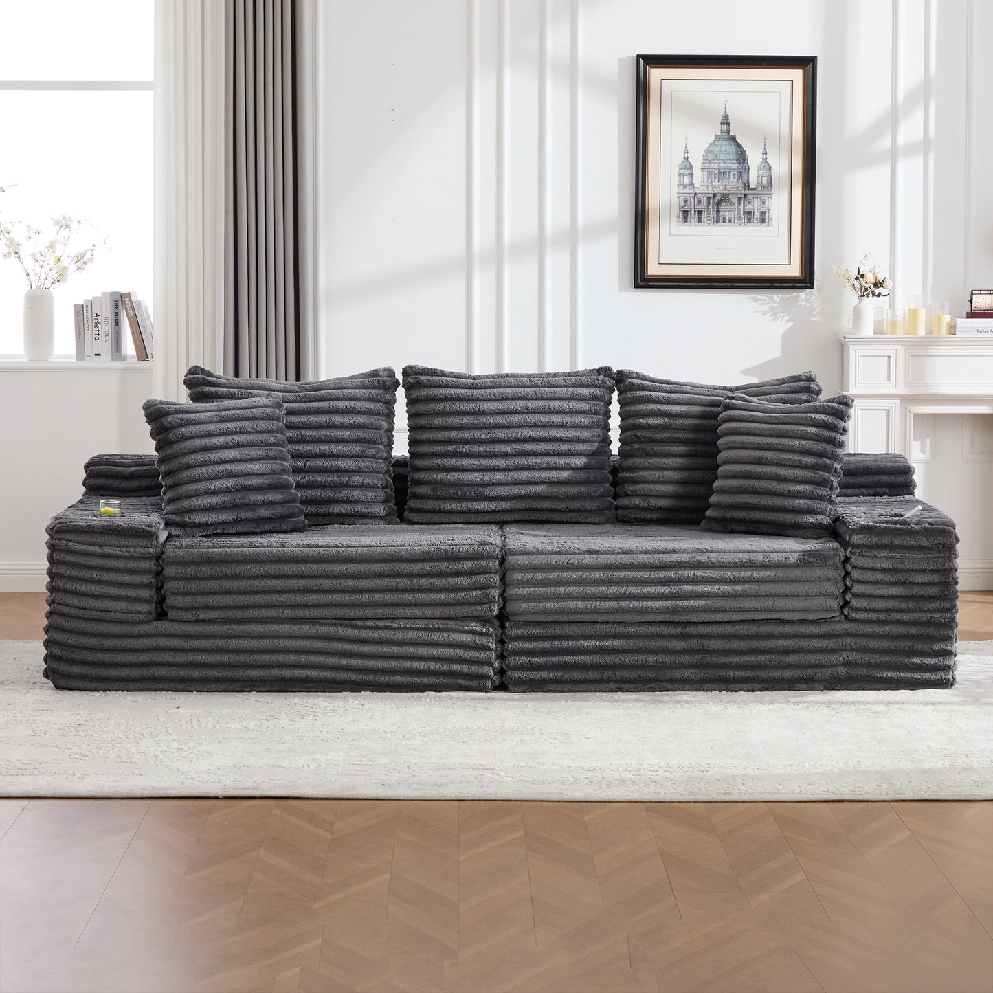 Corduroy Compression Sofa — 4-Seat, 107"W — Dark Gray