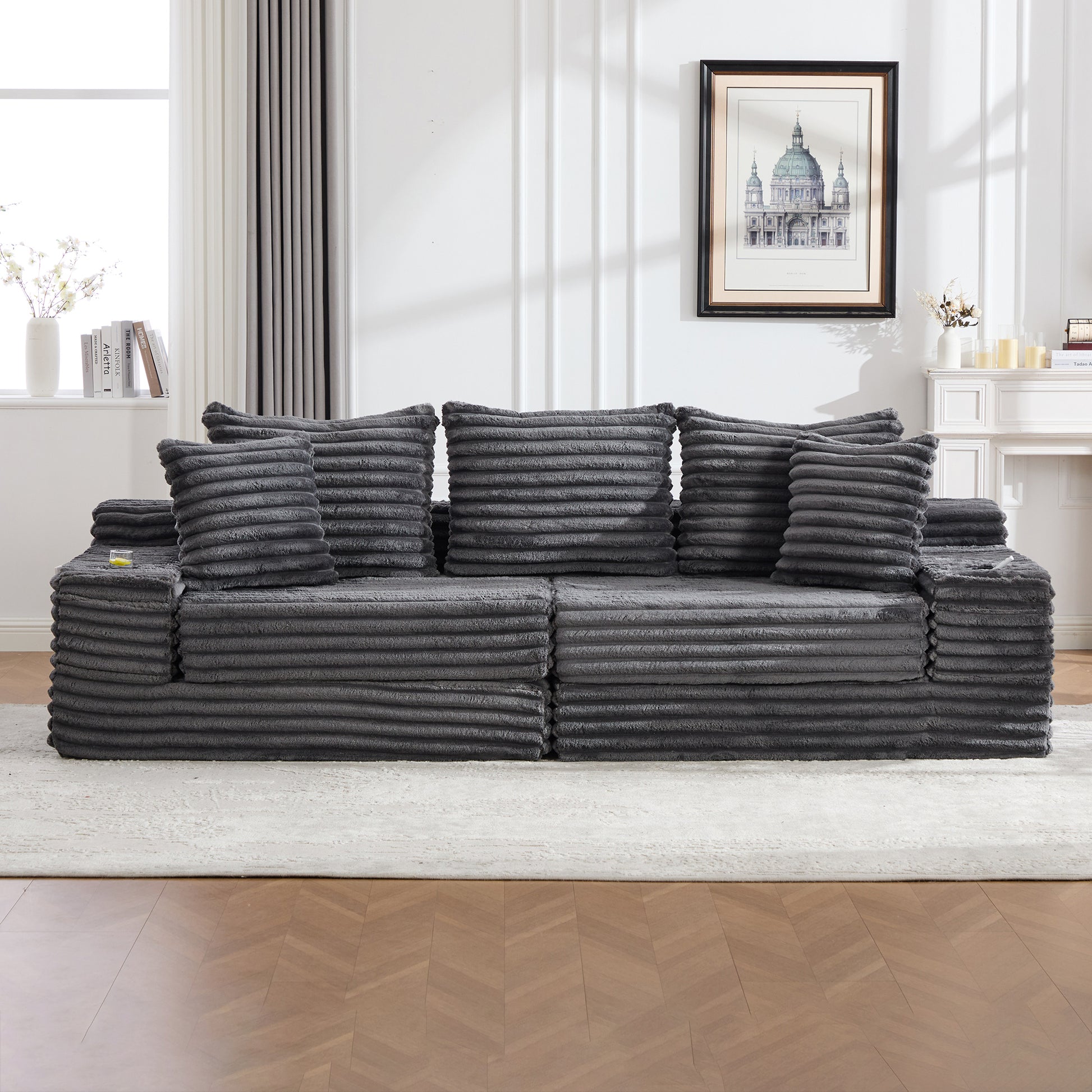 Corduroy Compression Sofa — 4-Seat, 107"W — Dark Gray