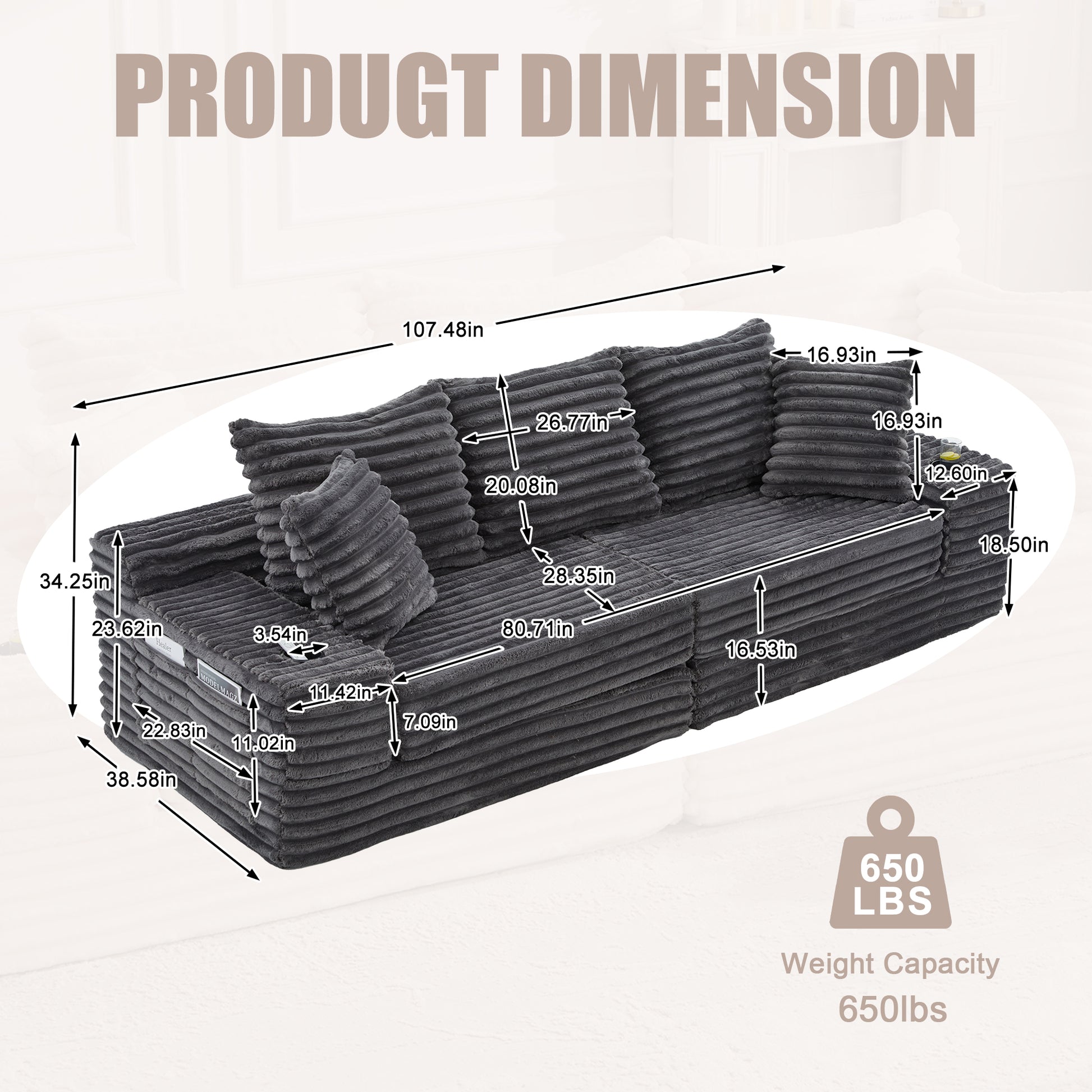 Corduroy Compression Sofa — 4-Seat, 107"W — Dark Gray