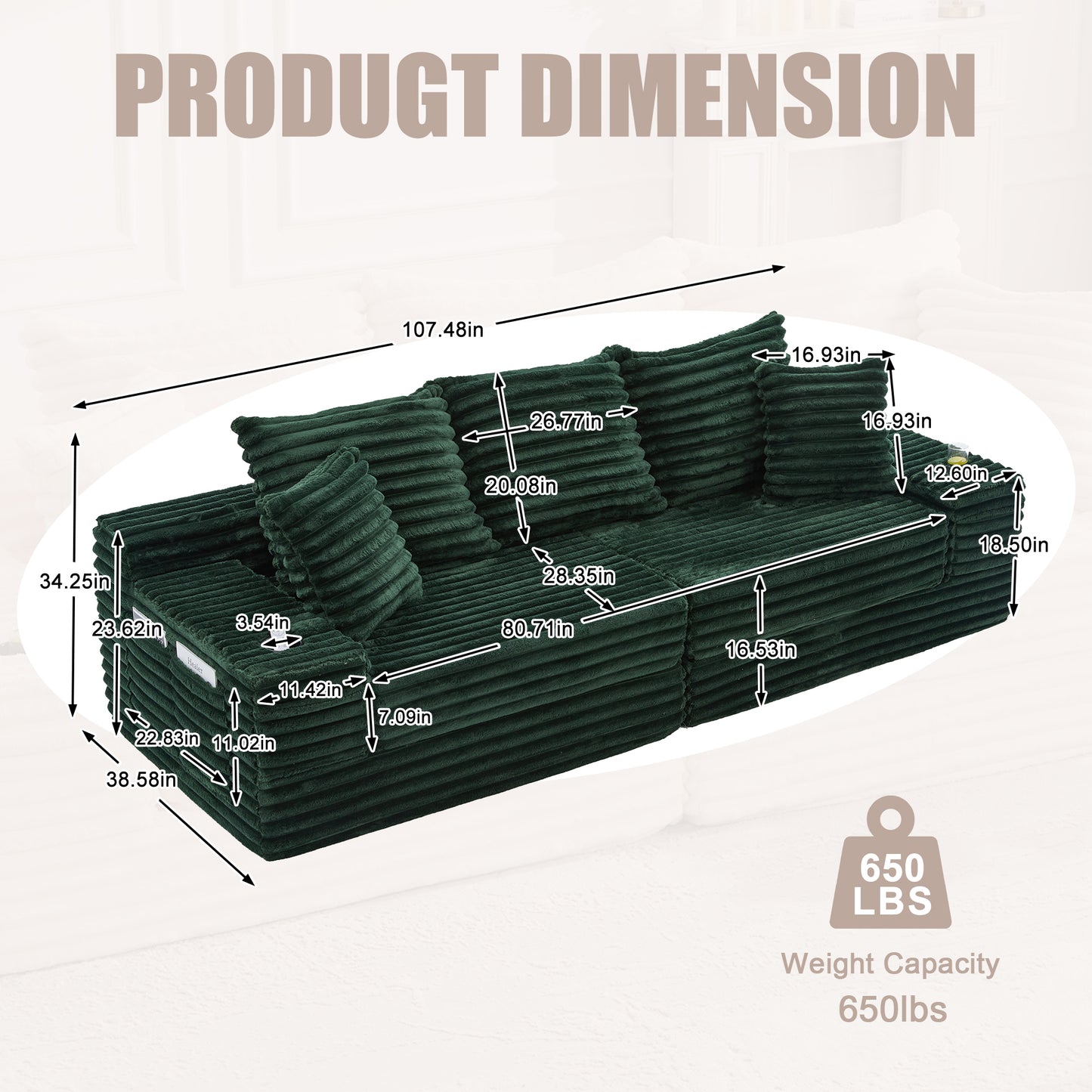 Corduroy Compression Sofa — 4-Seat, 107"W — Emerald