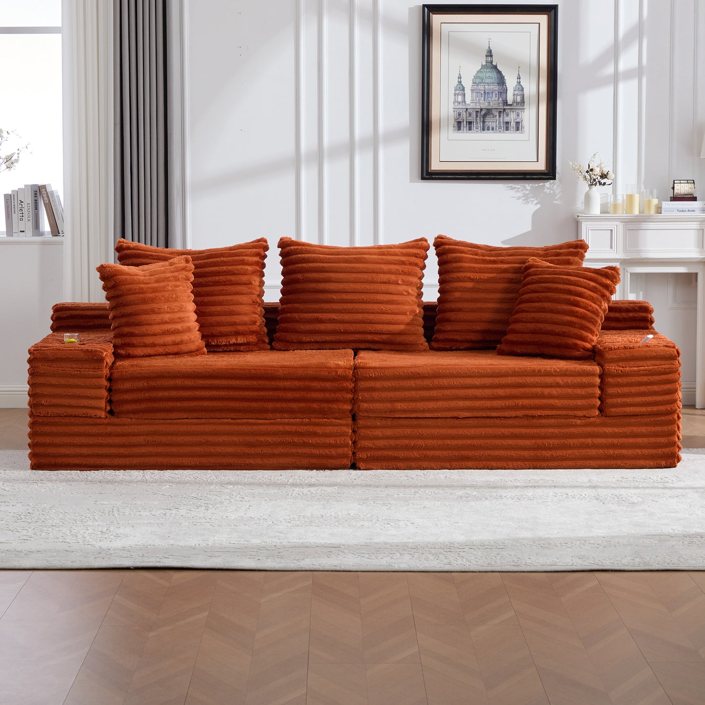 Corduroy Compression Sofa — 4-Seat, 107"W — Orange