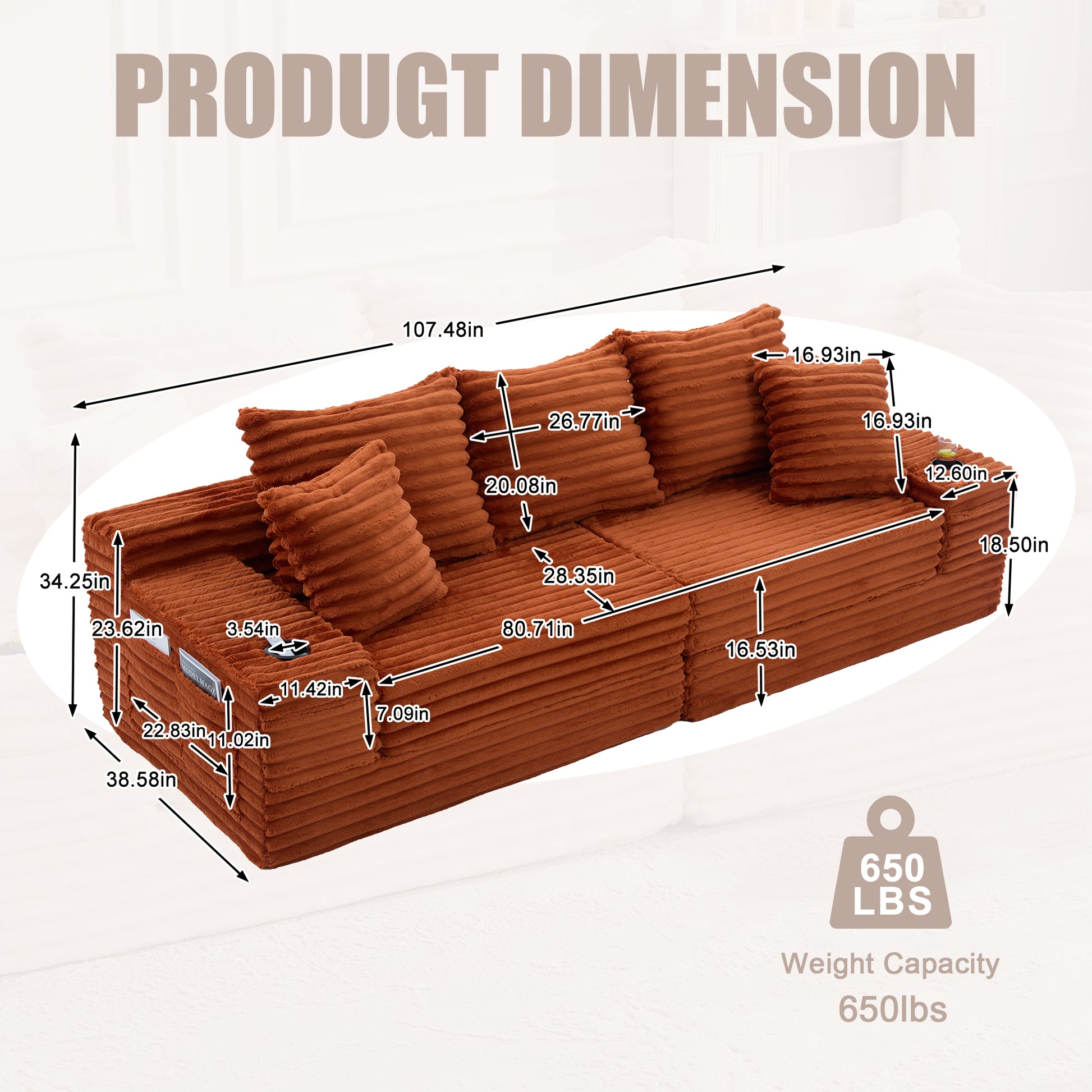 Corduroy Compression Sofa — 4-Seat, 107"W — Orange