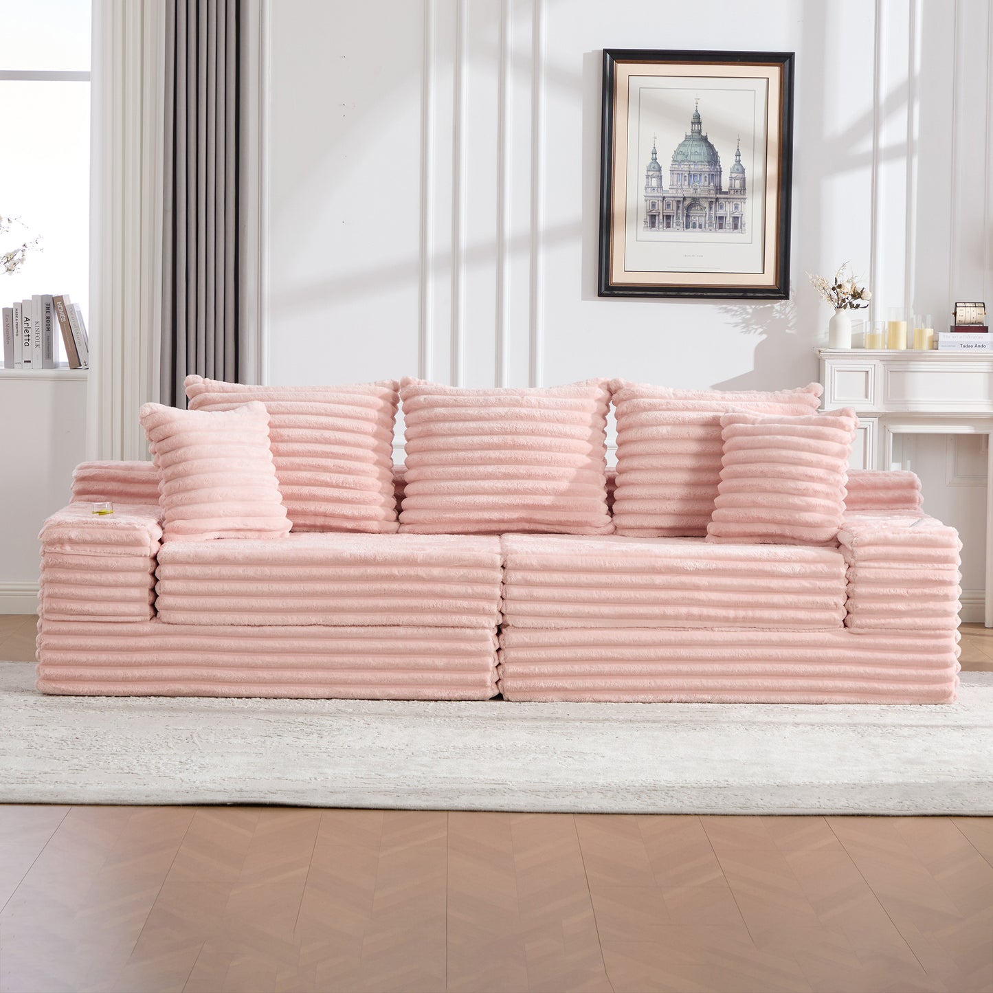 Corduroy Compression Sofa — 4-Seat, 107"W — Pink