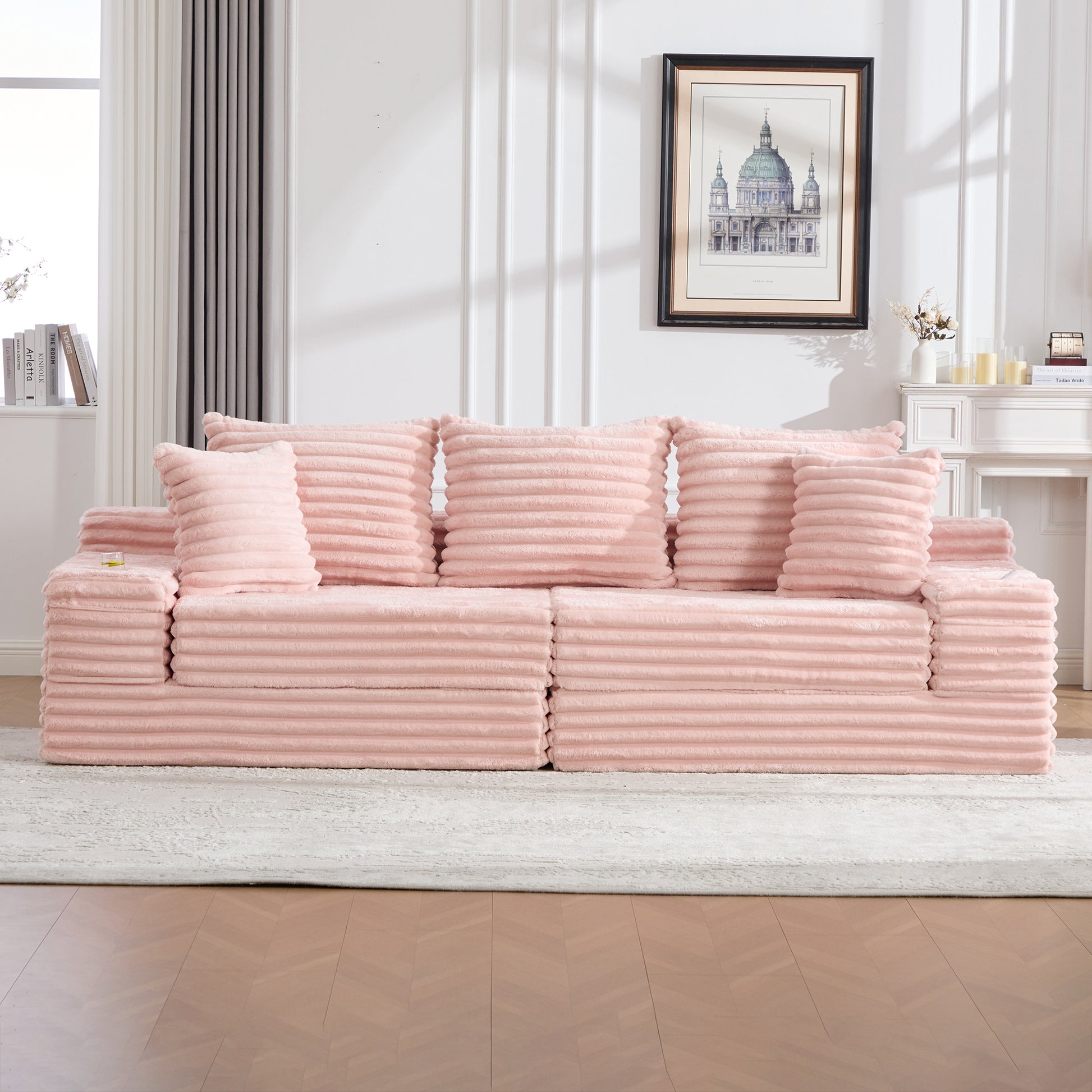 Corduroy Compression Sofa — 4-Seat, 107"W — Pink