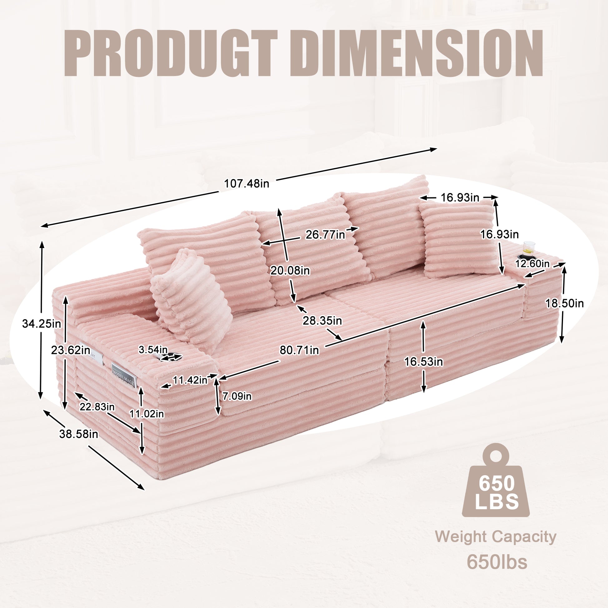 Corduroy Compression Sofa — 4-Seat, 107"W — Pink