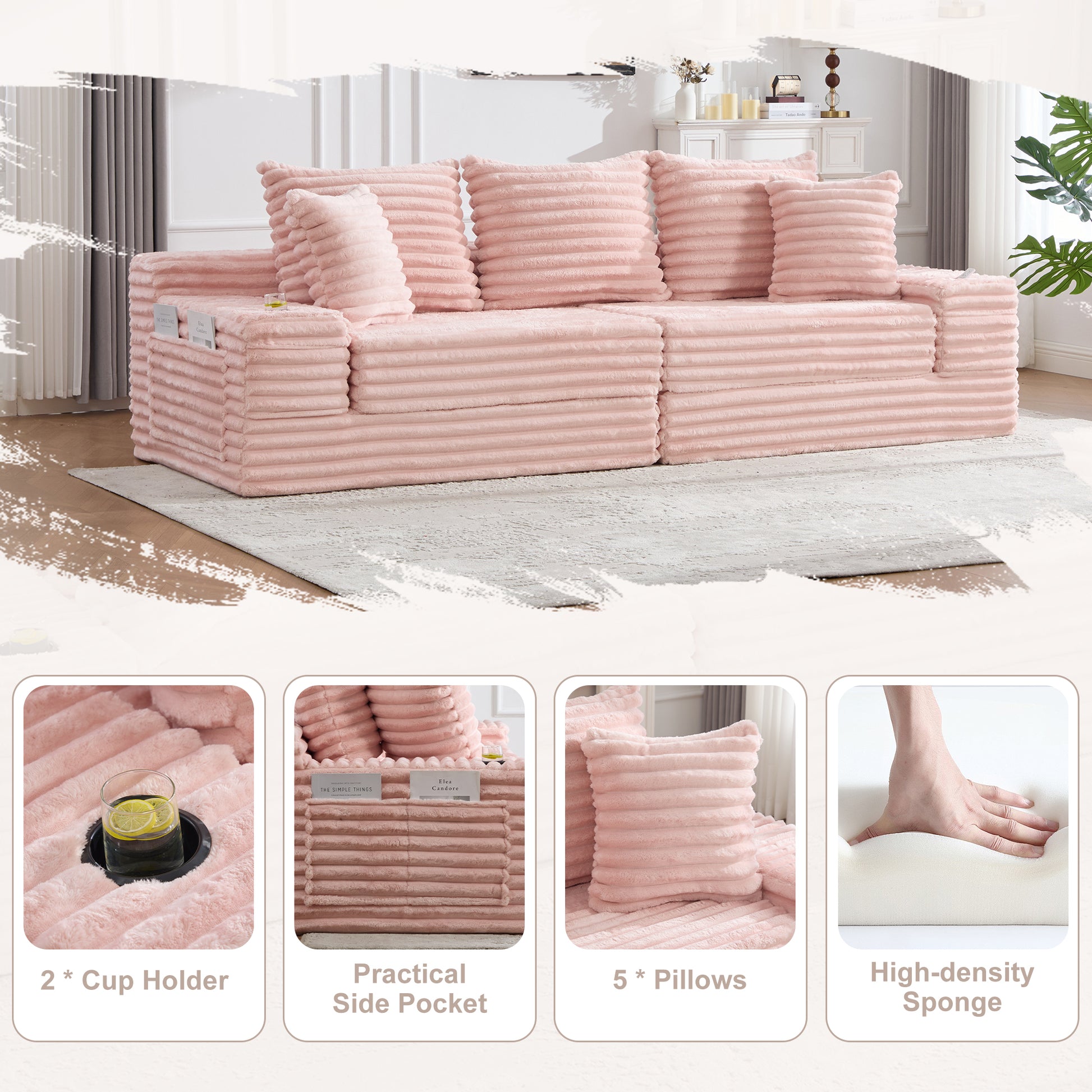 Corduroy Compression Sofa — 4-Seat, 107"W — Pink