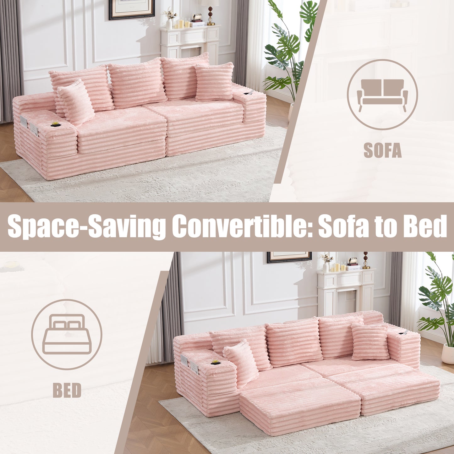 Corduroy Compression Sofa — 4-Seat, 107"W — Pink