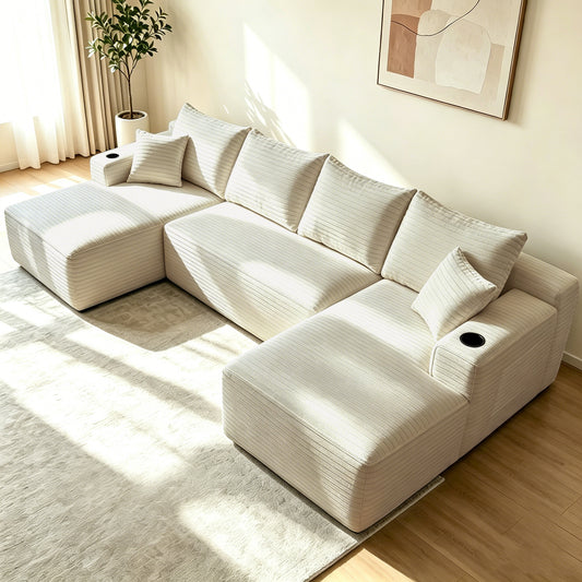 Corduroy Compression Sofa — 5-Seat, 134"W — Beige