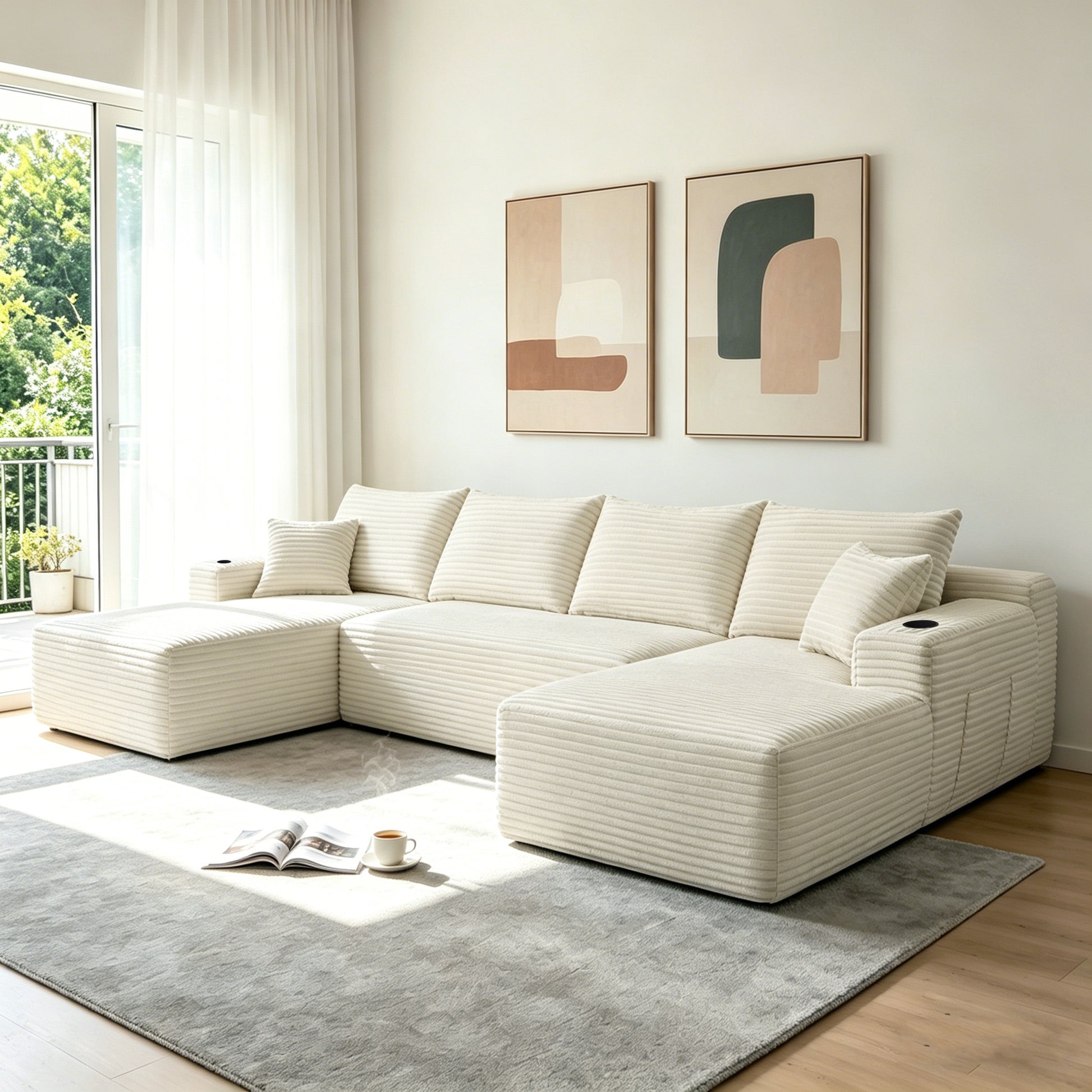 Corduroy Compression Sofa — 5-Seat, 134"W — Beige