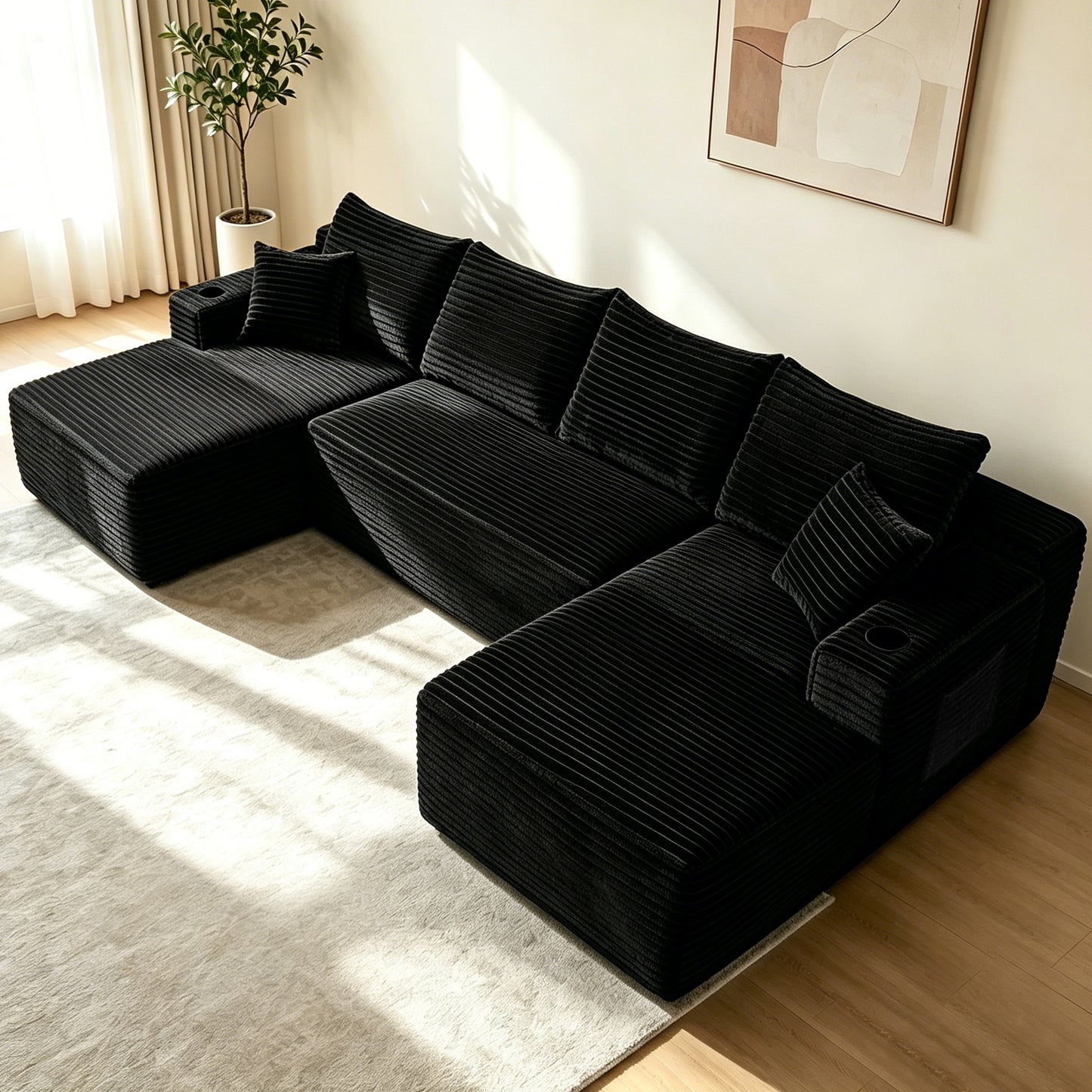 Corduroy Compression Sofa — 5-Seat, 134"W — Black