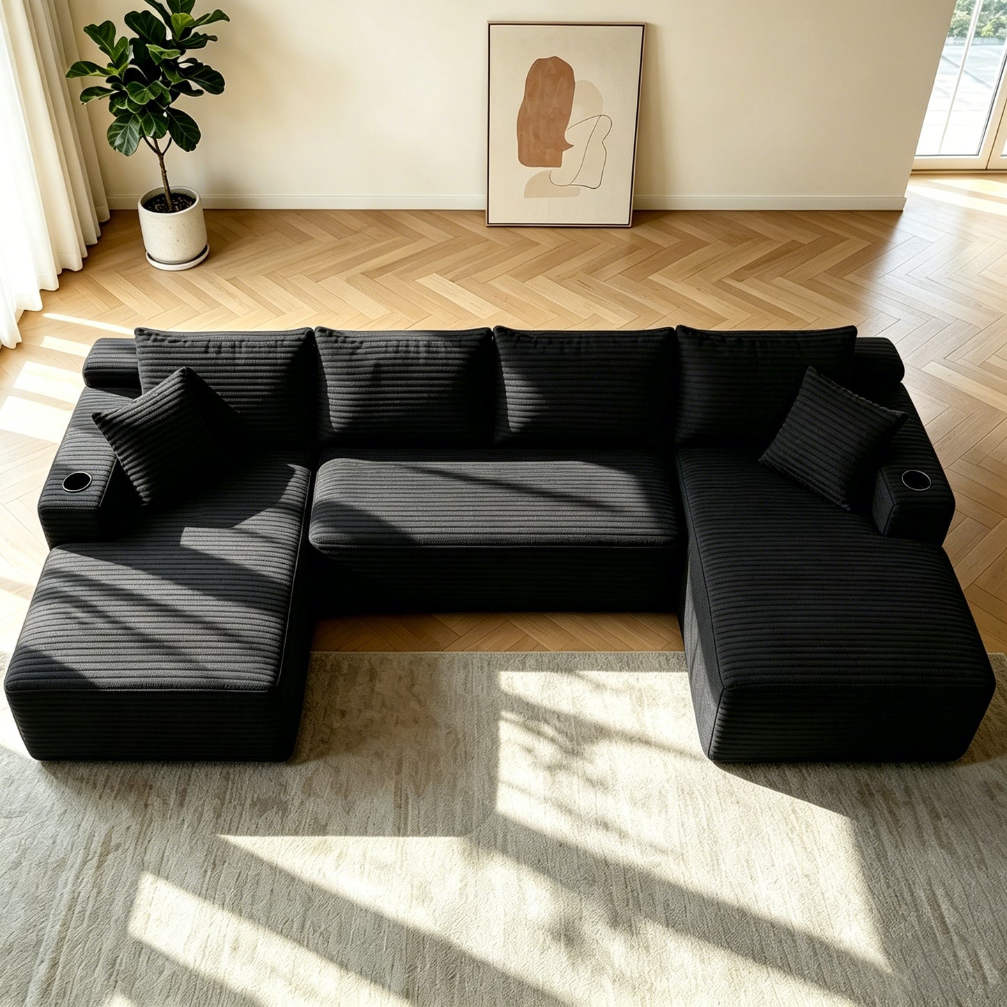 Corduroy Compression Sofa — 5-Seat, 134"W — Black