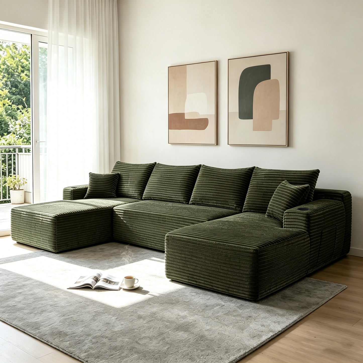Corduroy Compression Sofa — 5-Seat, 134"W — Green