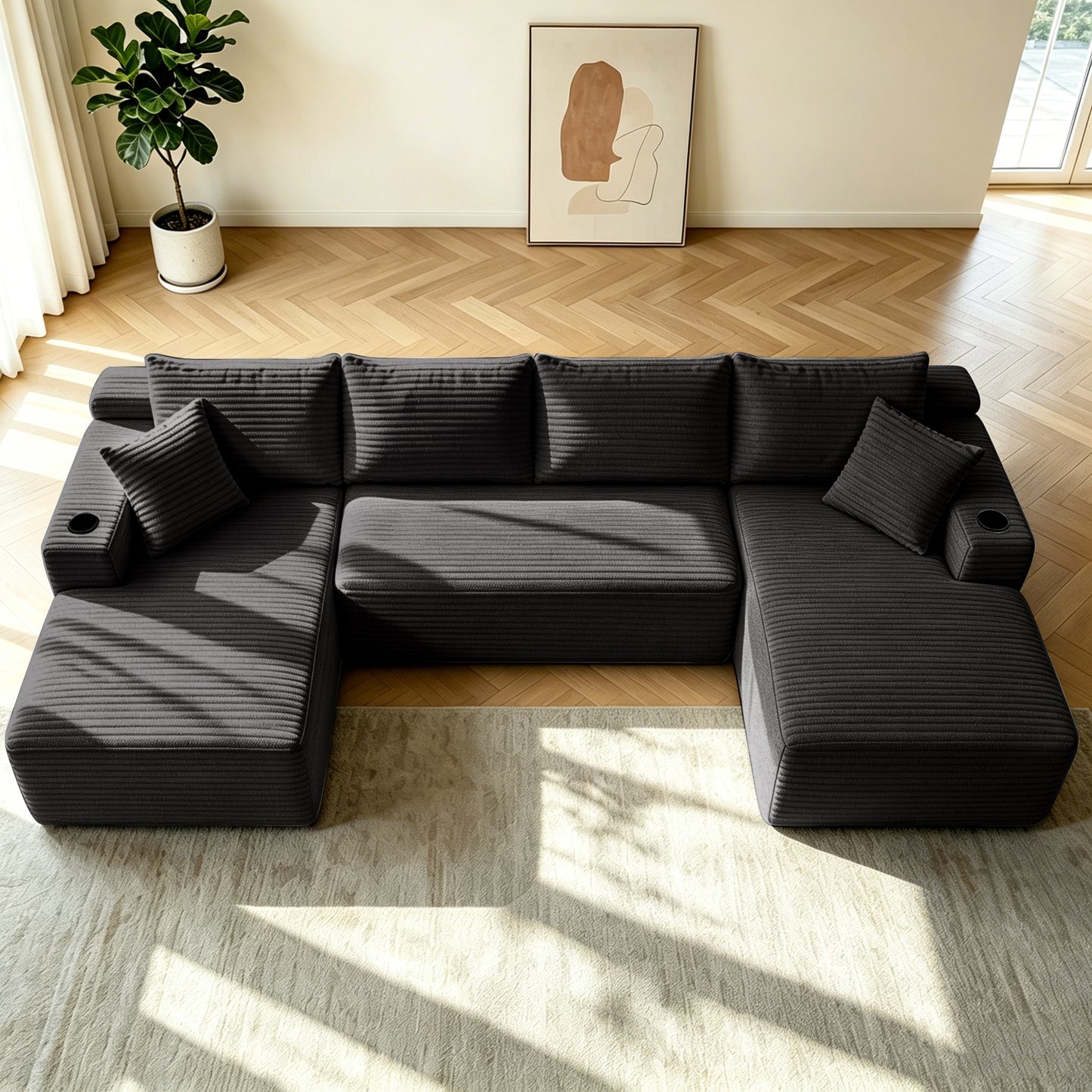 Corduroy Compression Sofa — 5-Seat, 134"W — Grey