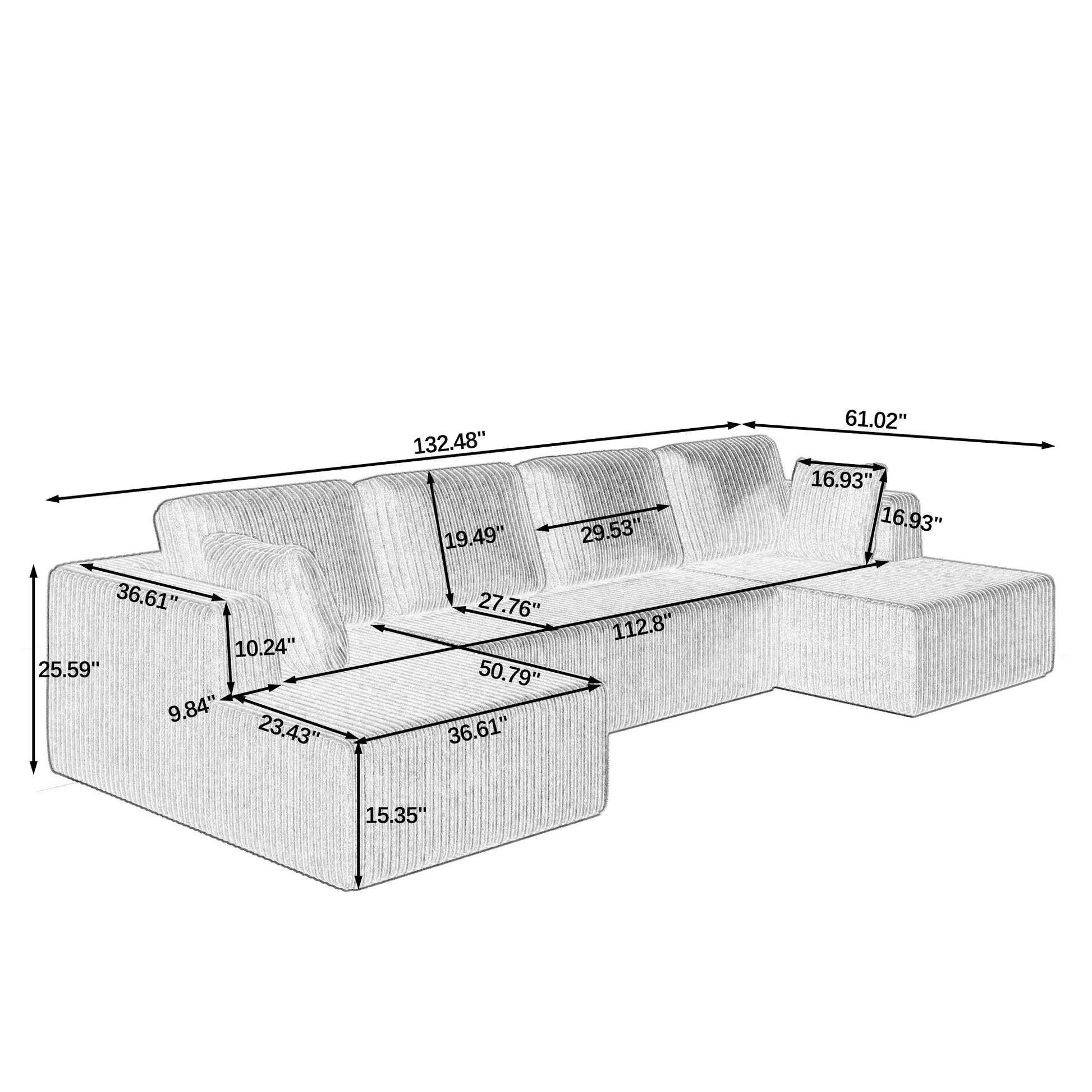 Corduroy Compression Sofa — 5-Seat, 132"W — dimensions