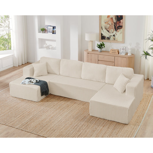 Corduroy Compression Sofa — 5-Seat, 132"W — Beige