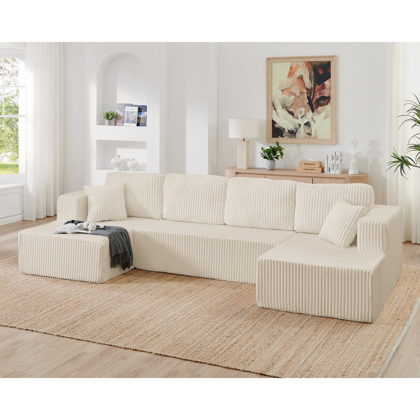 Corduroy Compression Sofa — 5-Seat, 132"W — Beige