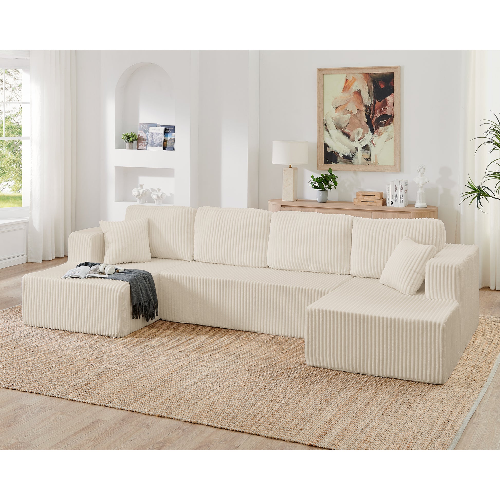 Corduroy Compression Sofa — 5-Seat, 132"W — Beige