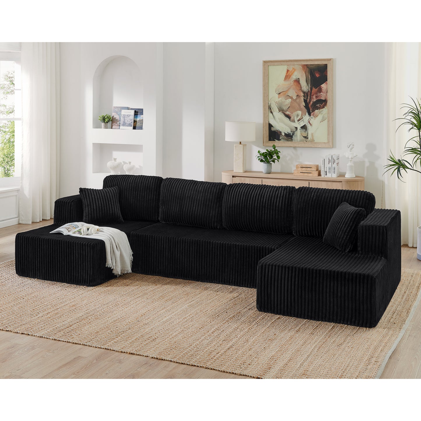 Corduroy Compression Sofa — 5-Seat, 132"W — Black