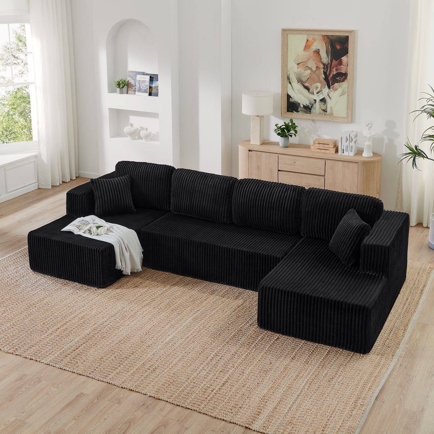 Corduroy Compression Sofa — 5-Seat, 132"W — Black