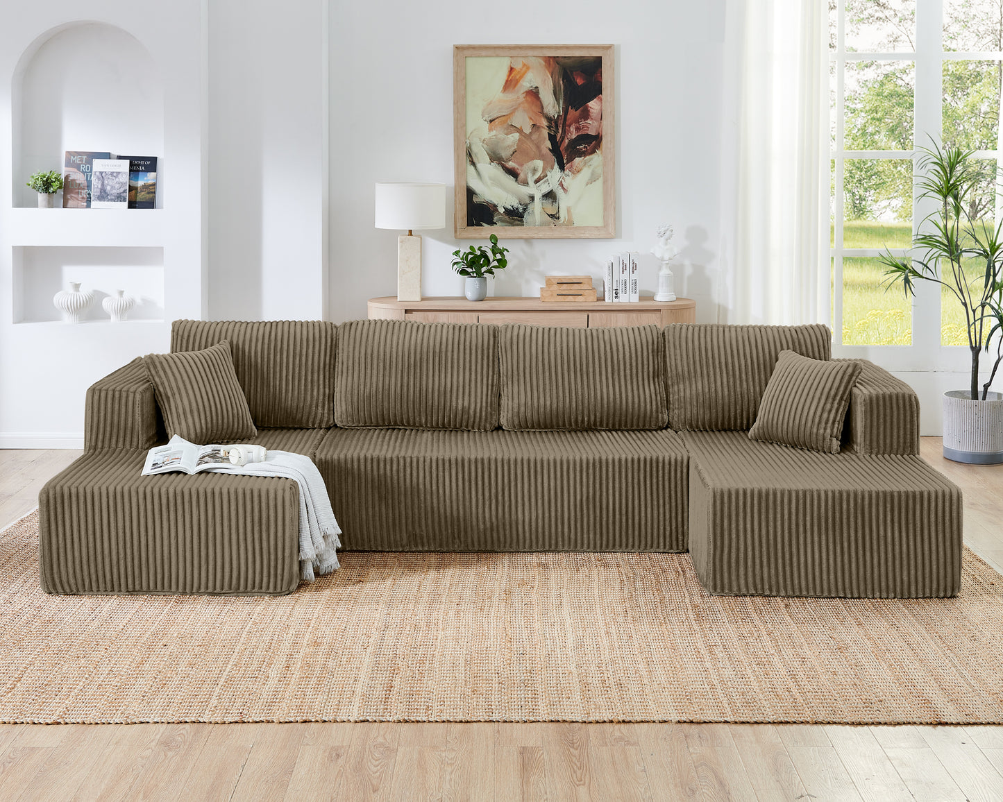 Corduroy Compression Sofa — 5-Seat, 132"W — Brown