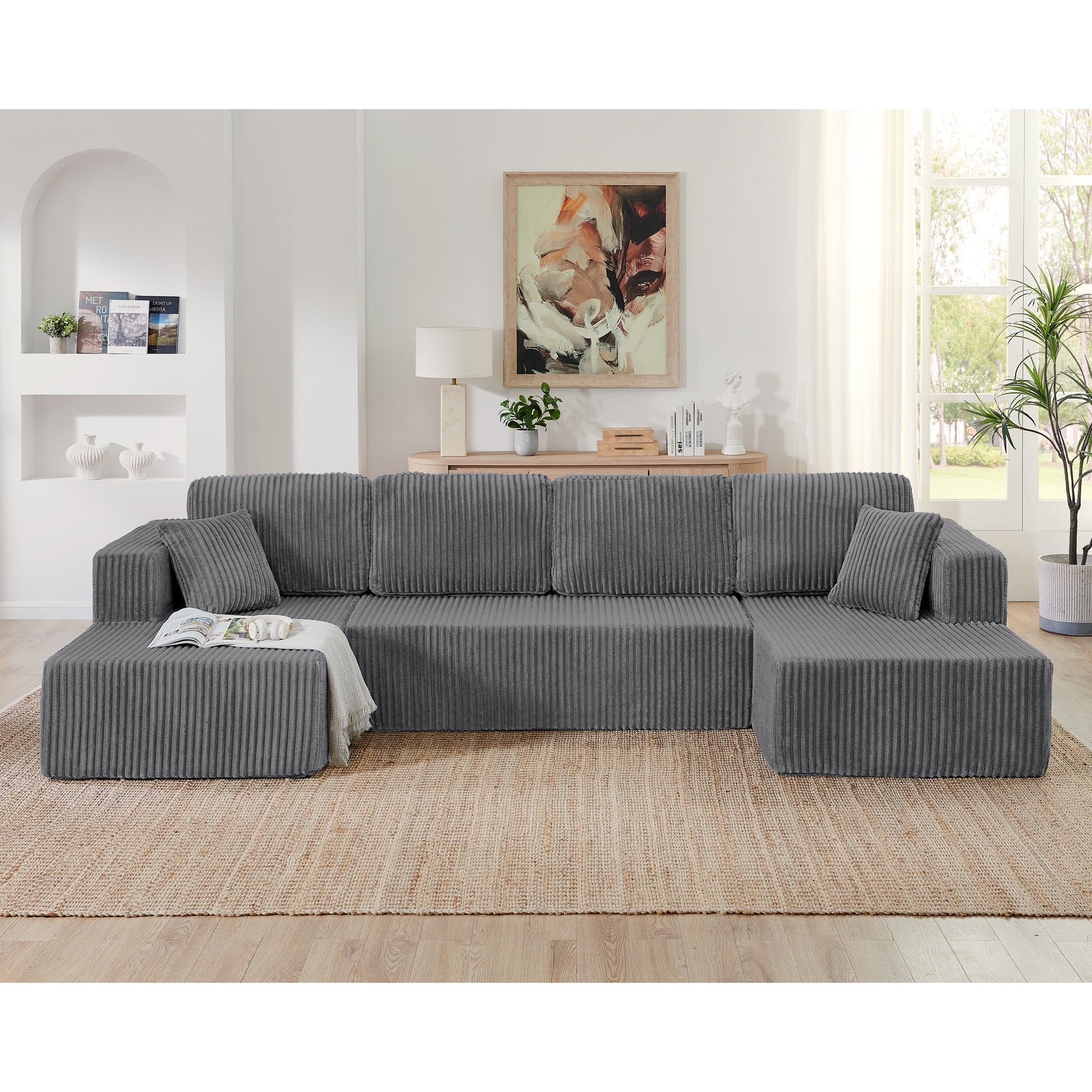 Corduroy Compression Sofa — 5-Seat, 132"W — Grey