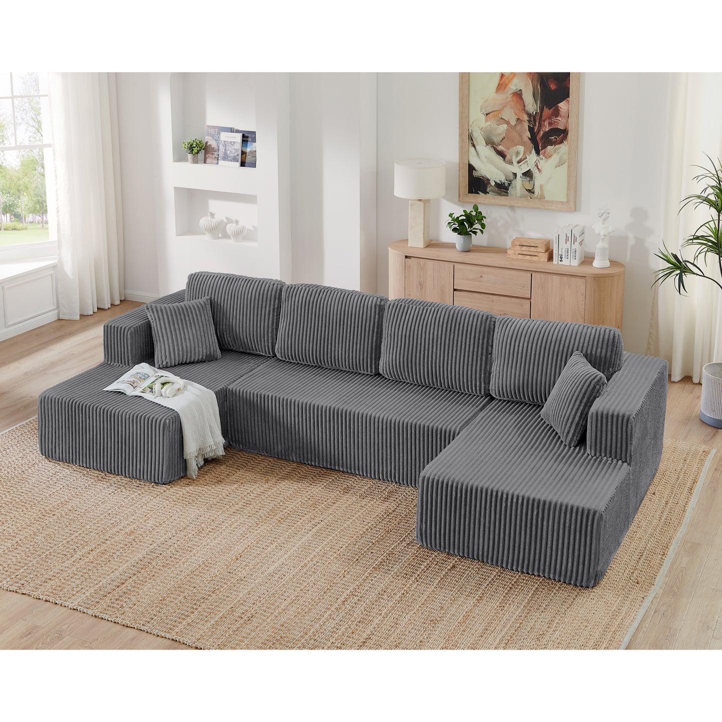 Corduroy Compression Sofa — 5-Seat, 132"W — Grey