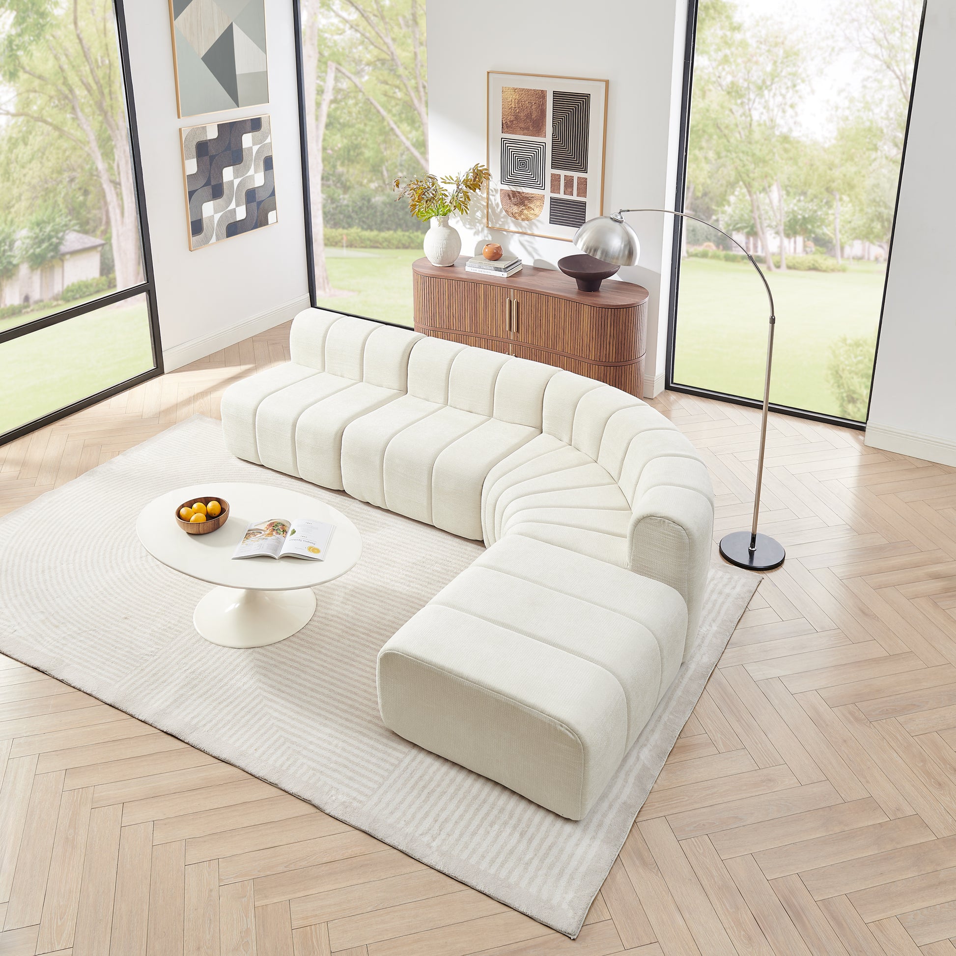 Chenille Compression Sofa — 4-Seat, 116"W — Beige