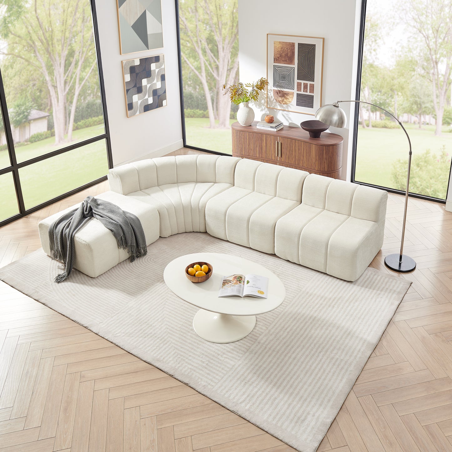 Chenille Compression Sofa — 4-Seat, 116"W — Beige