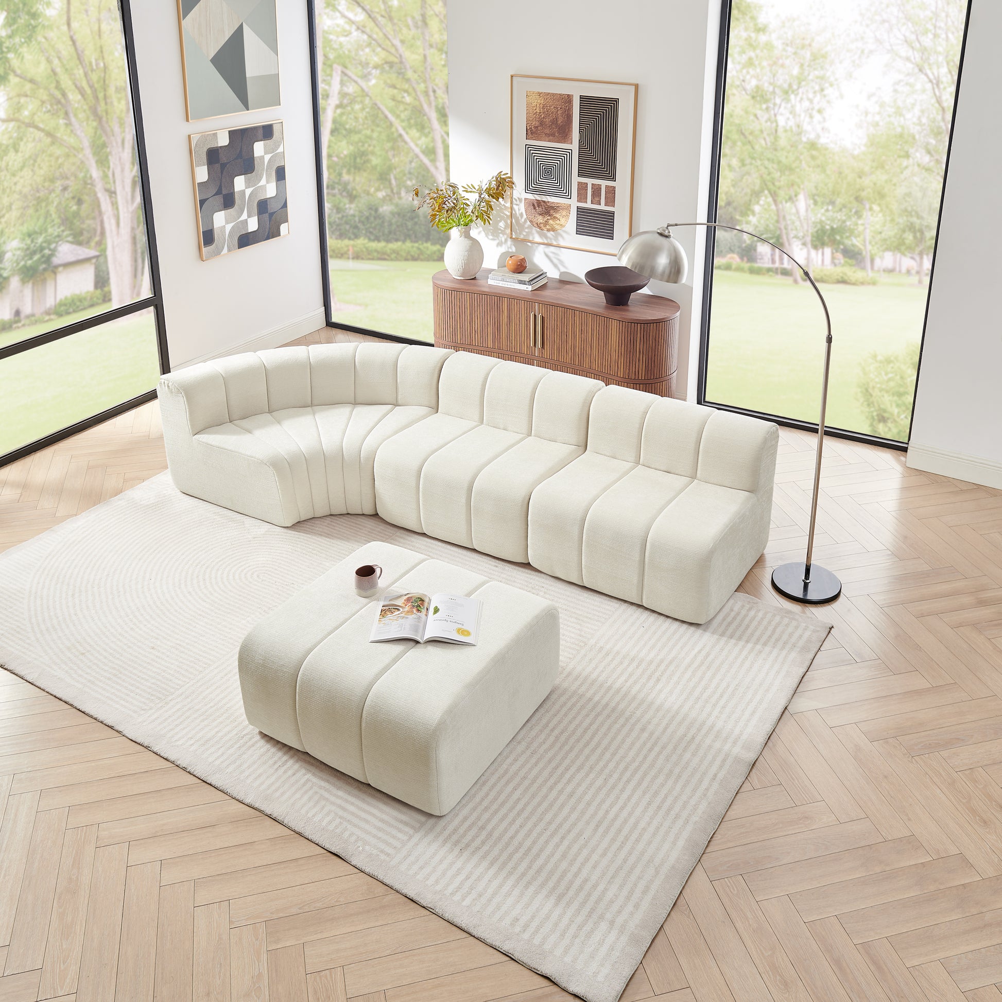 Chenille Compression Sofa — 4-Seat, 116"W — Beige