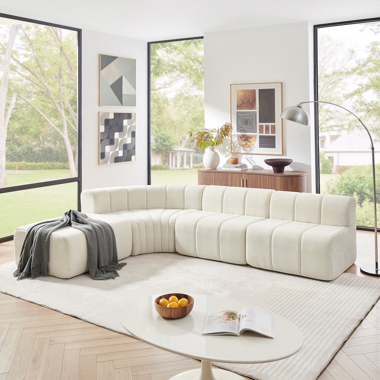 Chenille Compression Sofa — 4-Seat, 116"W — Beige